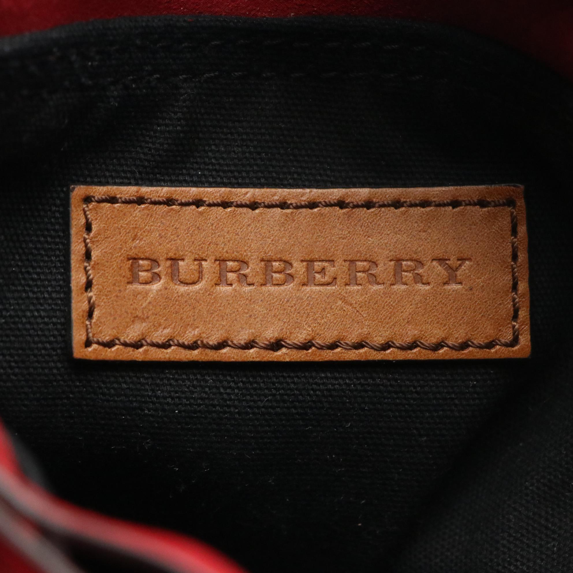 Burberry Red Fringe Suede and Check Crossbody Bucket Bag