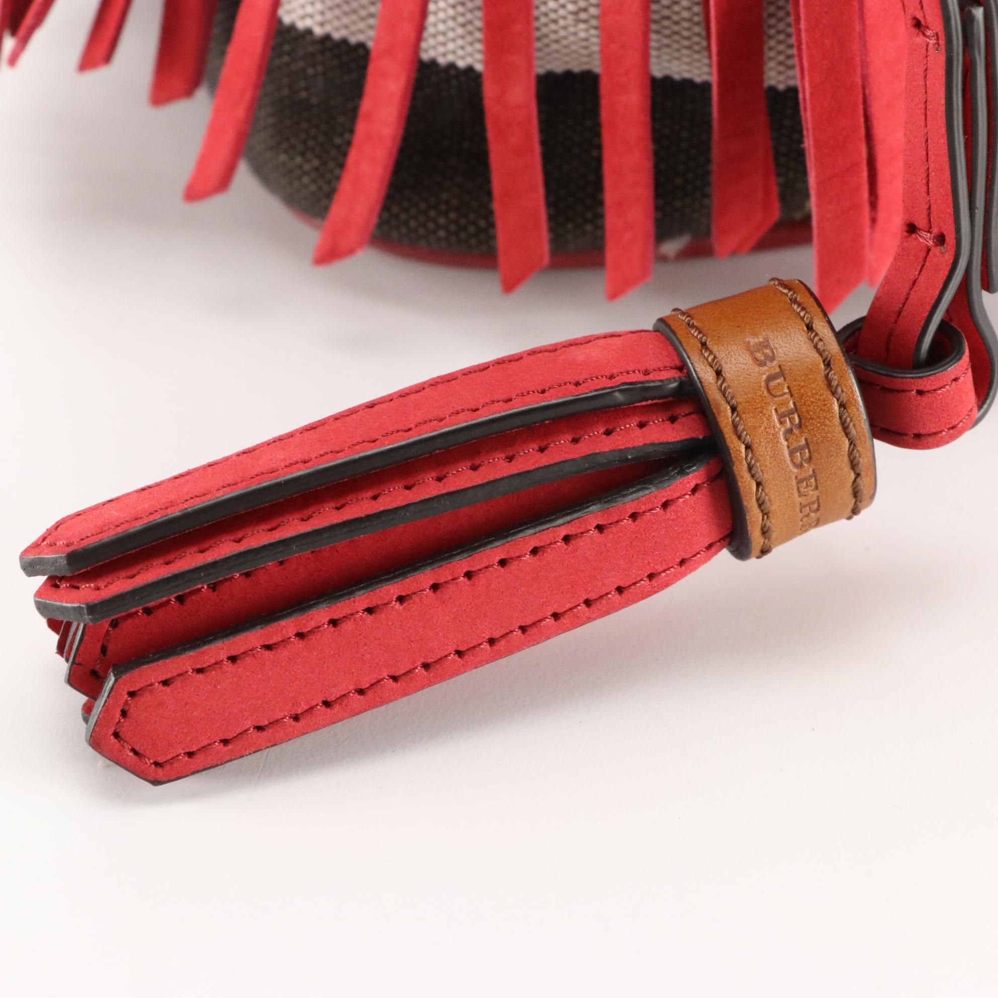 Burberry Red Fringe Suede and Check Crossbody Bucket Bag