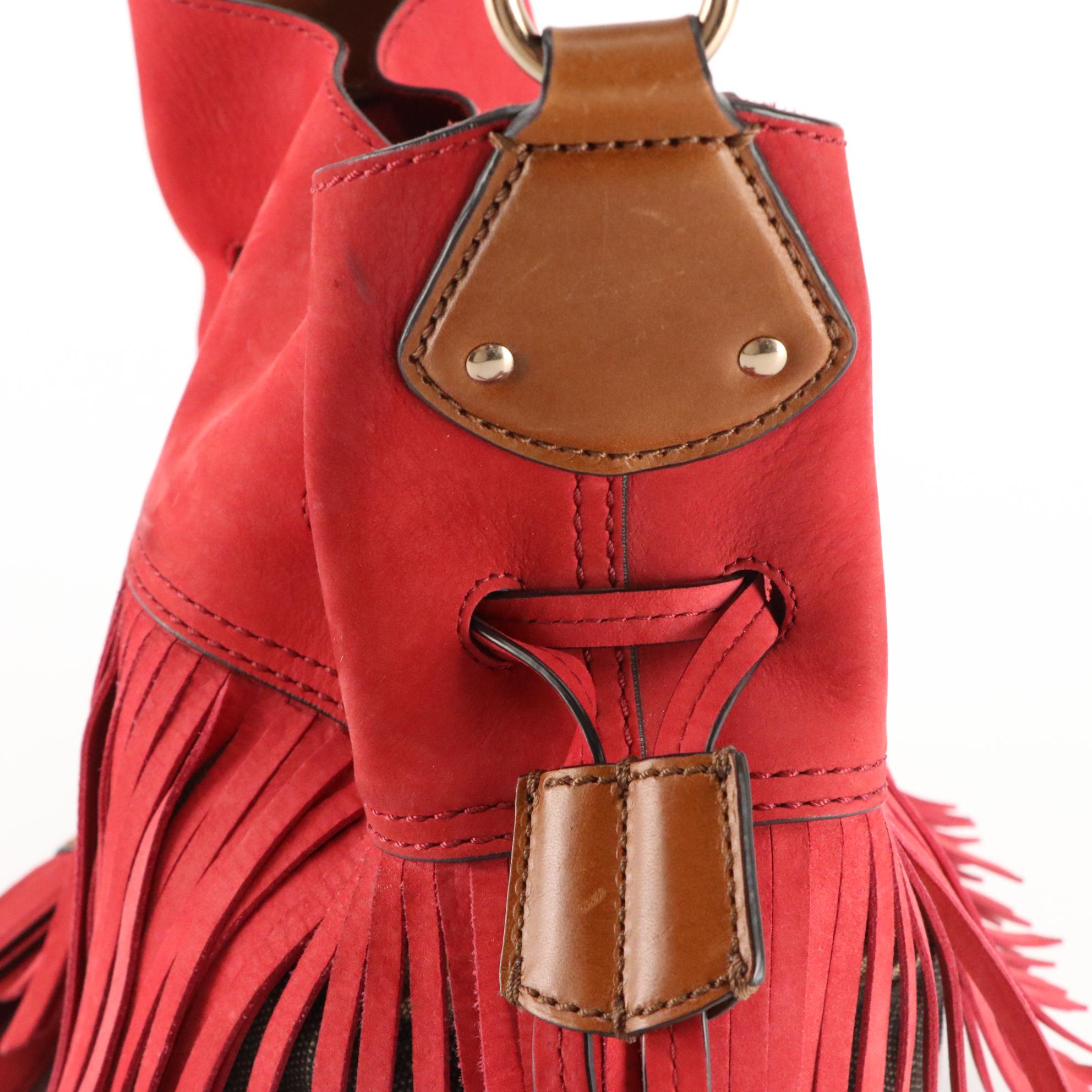 Burberry Red Fringe Suede and Check Crossbody Bucket Bag