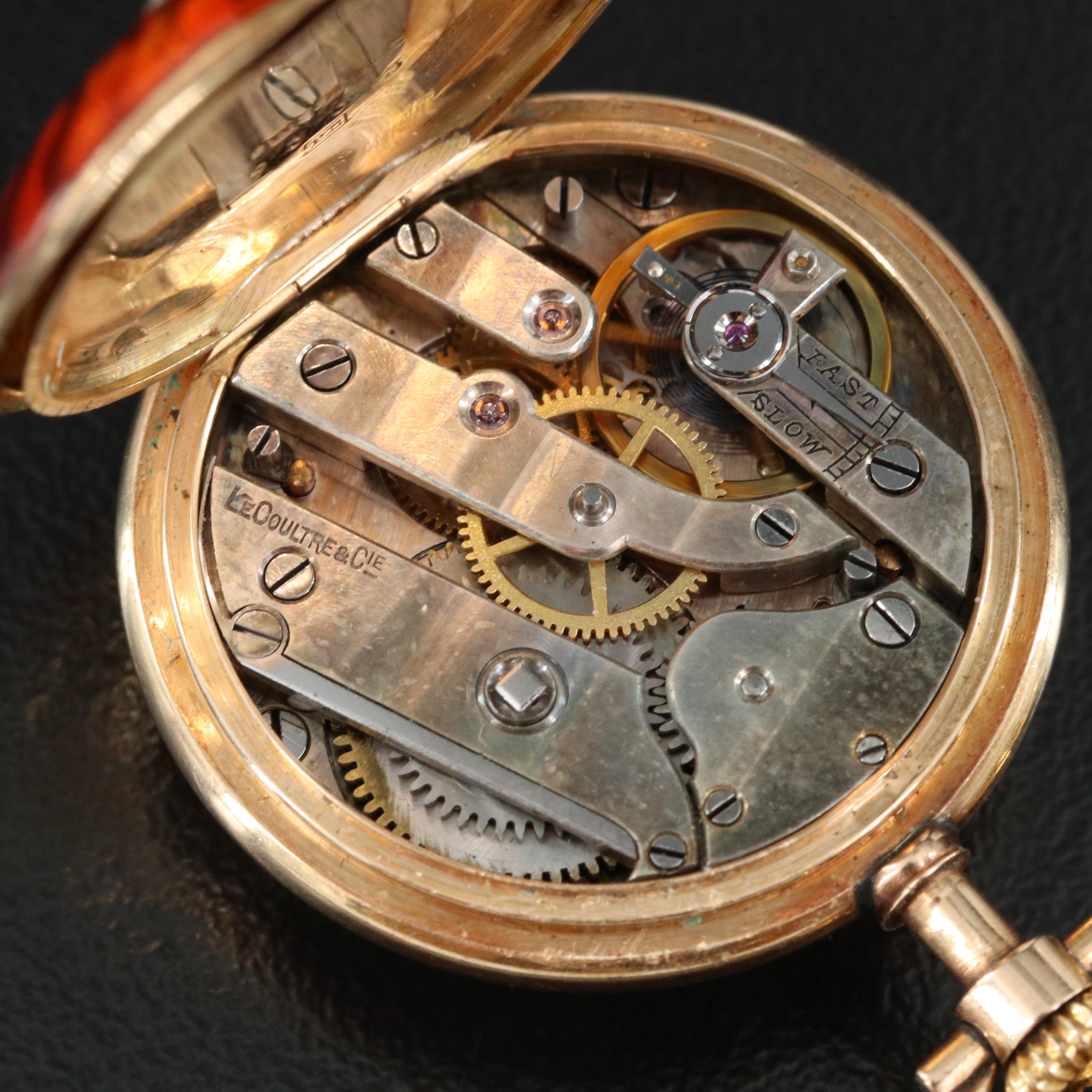 Cartier 14K Enamel and Diamond Portrait Pendant Watch, 18K Matching Brooch