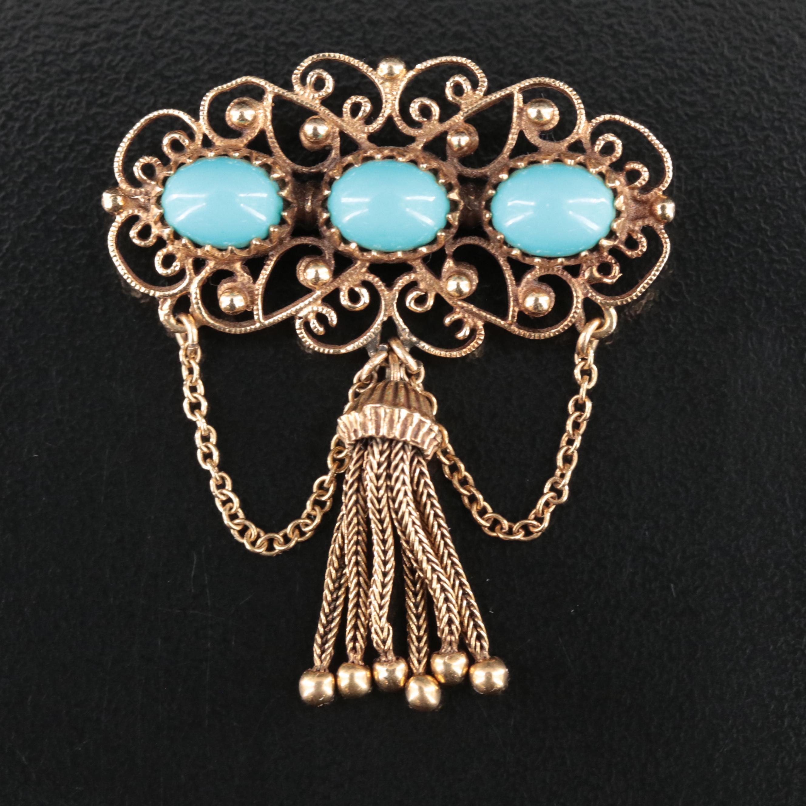 Vintage 14K Turquoise Festoon Brooch with a Fox Tail Tassel