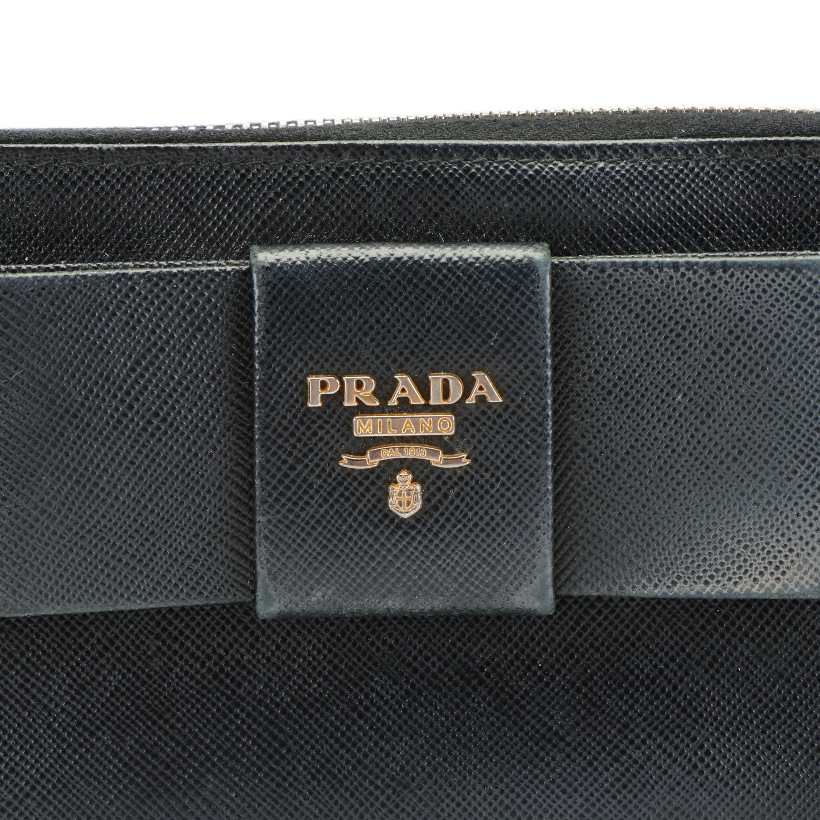 Prada Bow Long Wallet in Black Saffiano Leathern with Box