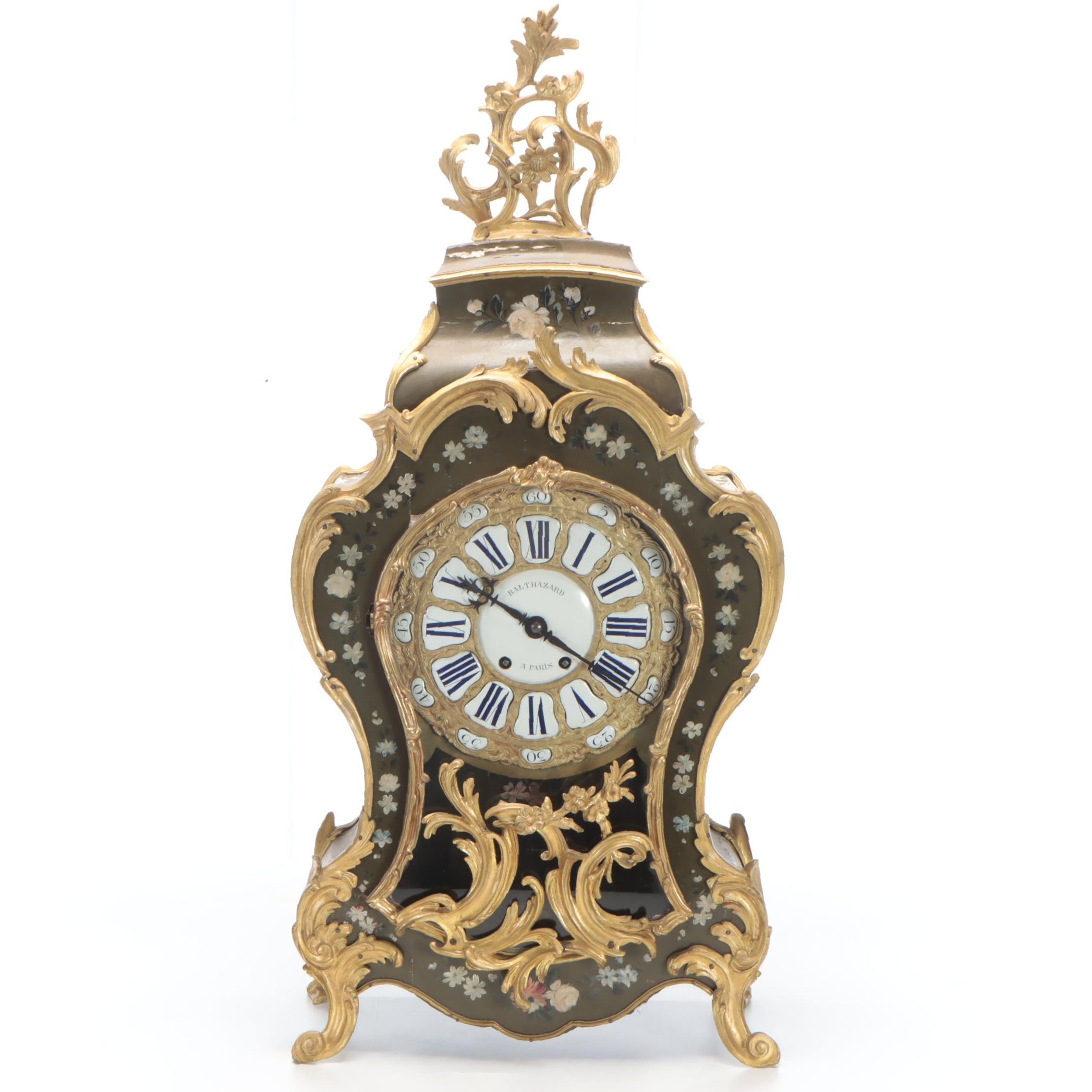 Balthazard French Louis XV Style Painted Ormolu Mounted Clock, 19th Century