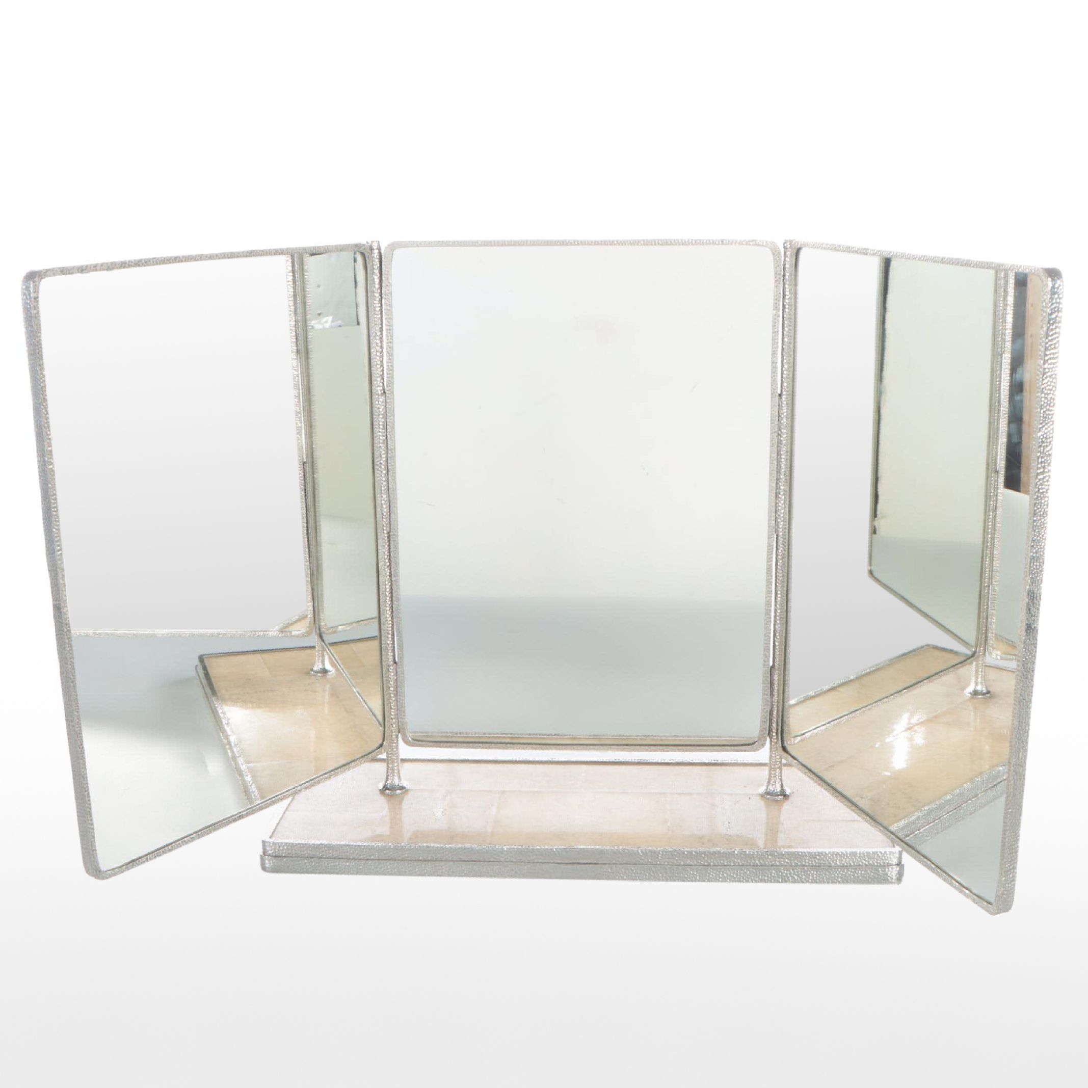 Hammered Metalwork and Faux Shagreen Folding Vanity Mirror
