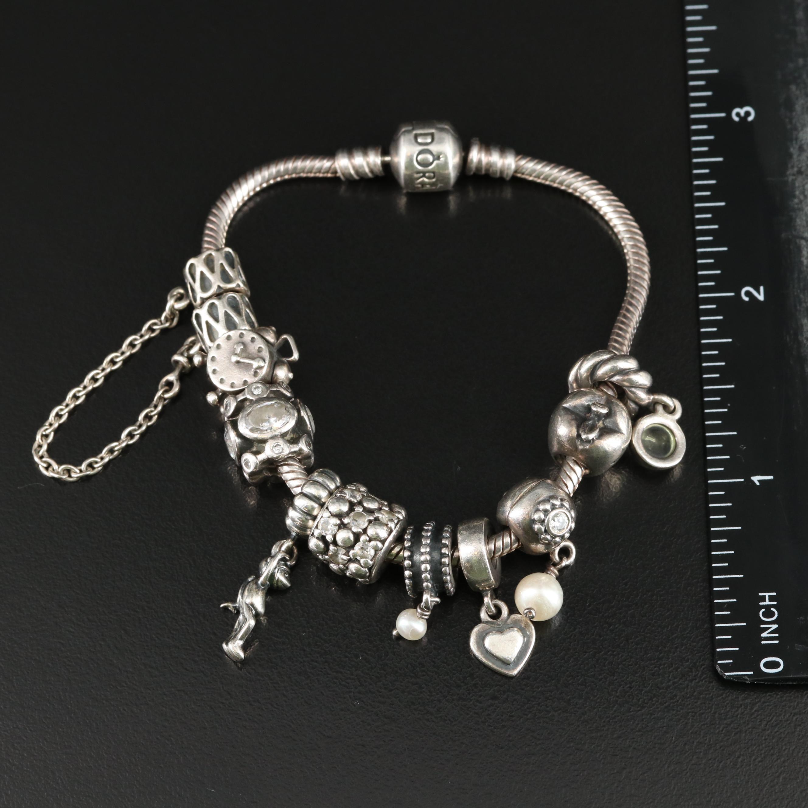 Pandora Sterling Bracelet with Charms, Pearl and Citrine