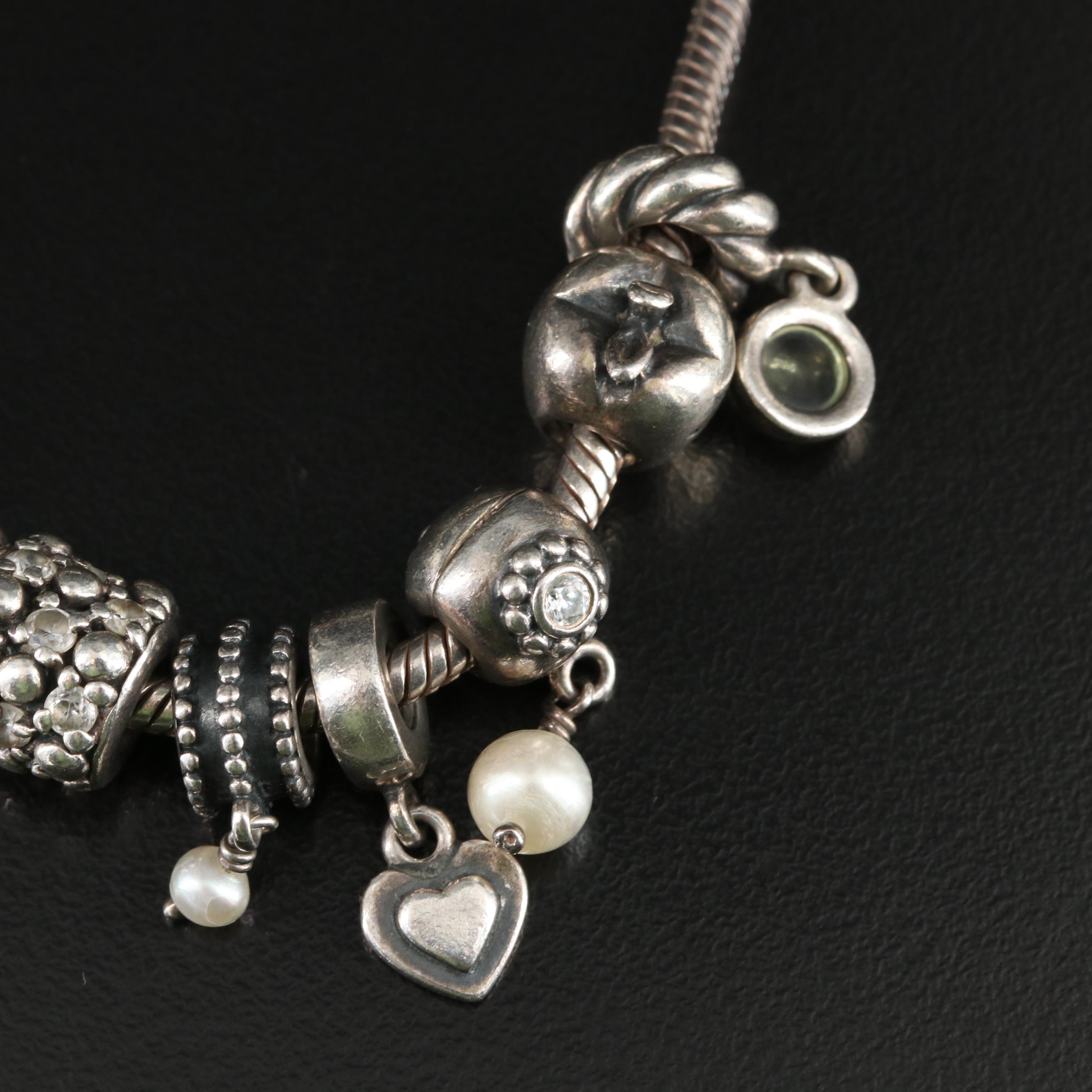Pandora Sterling Bracelet with Charms, Pearl and Citrine
