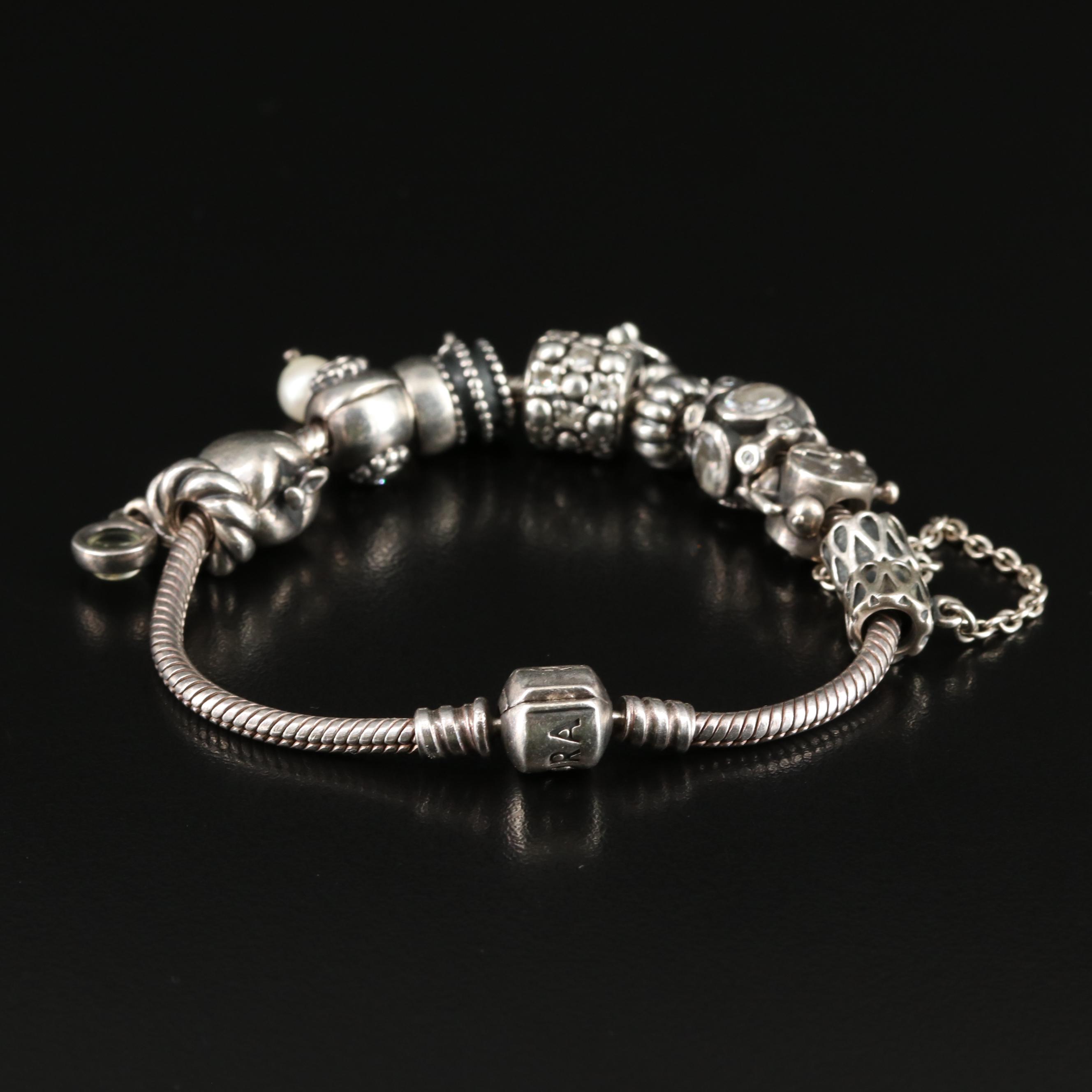 Pandora Sterling Bracelet with Charms, Pearl and Citrine