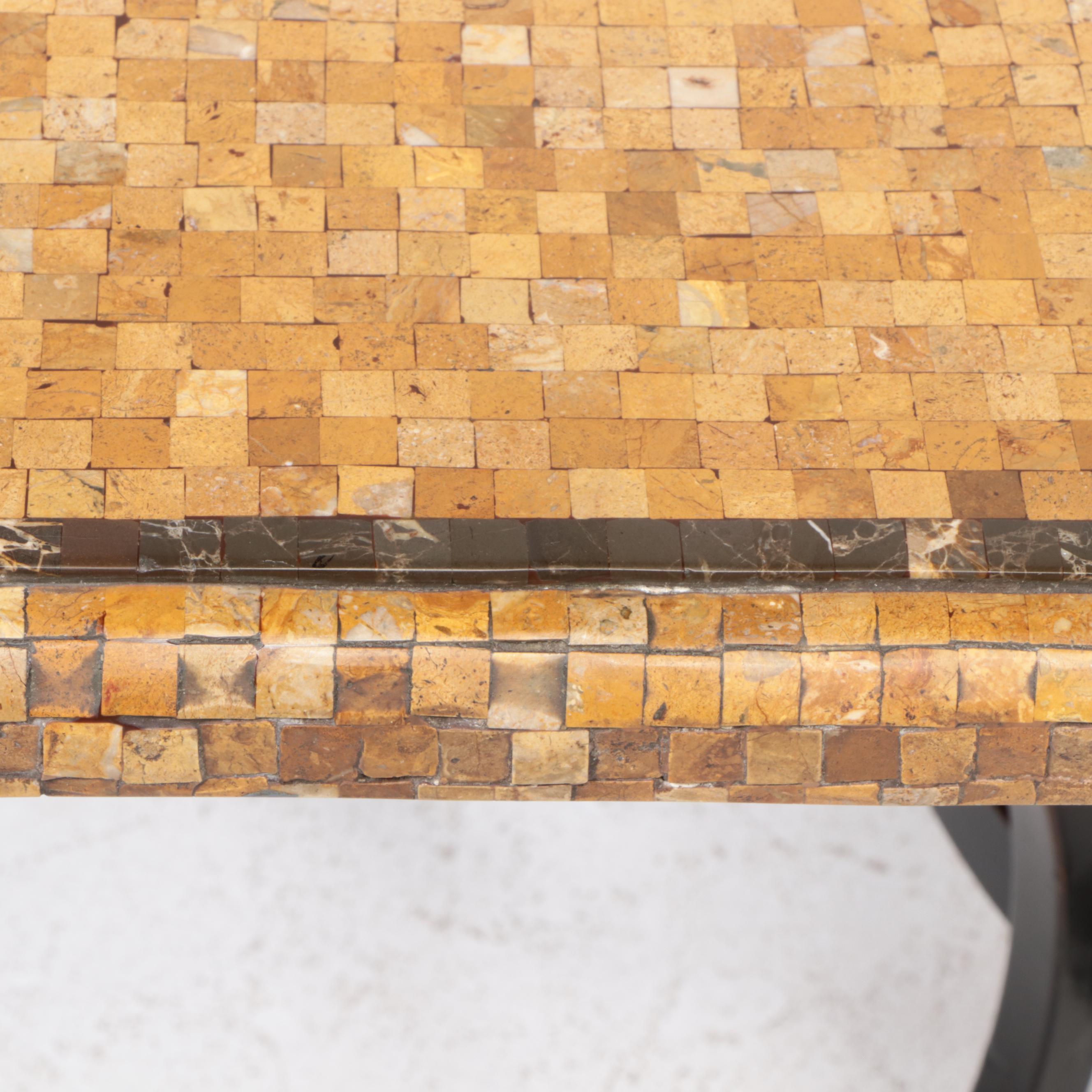 Arhaus "Mosaic Collection" Stone-Tiled Dining Table on Wrought Iron Base.