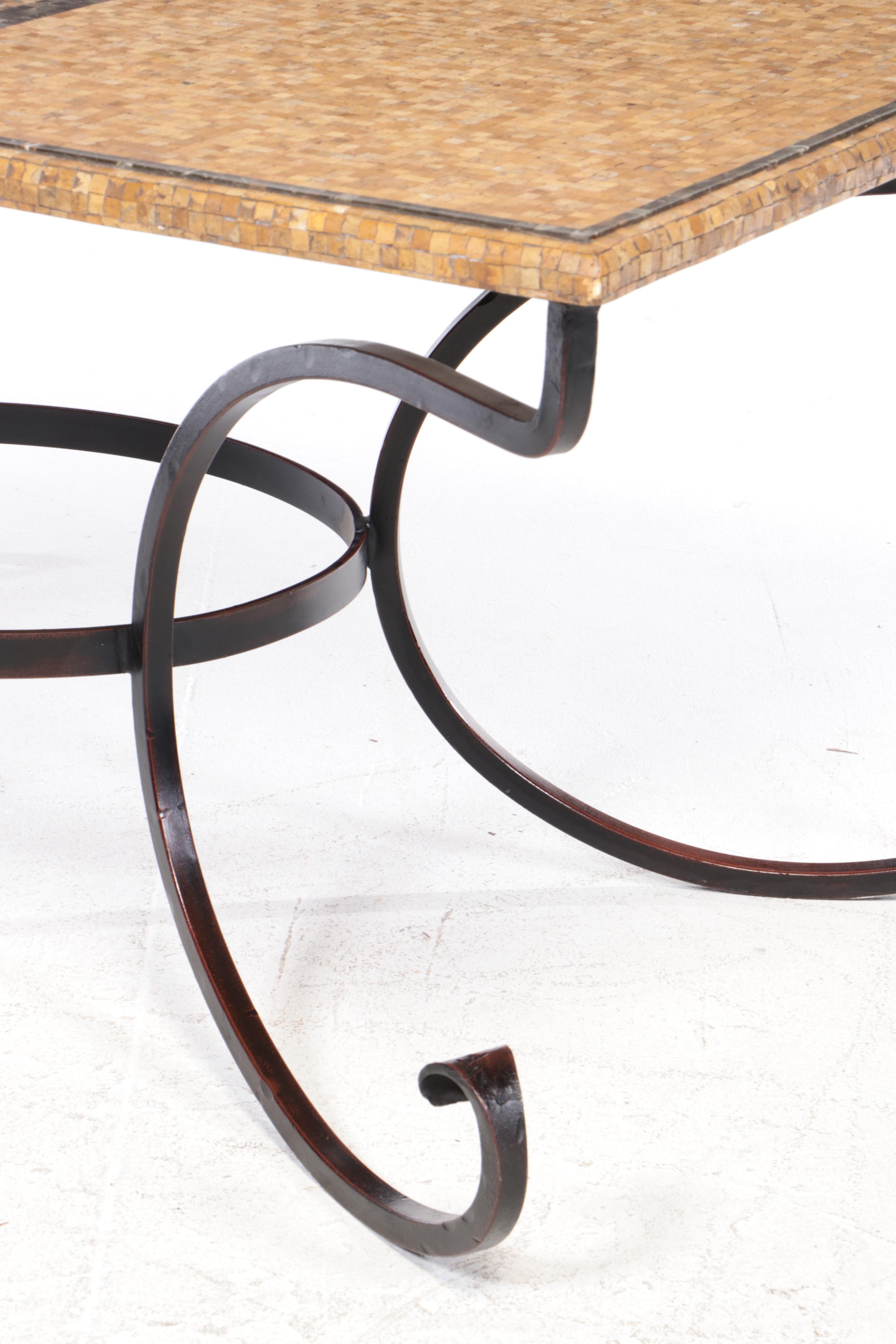 Arhaus "Mosaic Collection" Stone-Tiled Dining Table on Wrought Iron Base.