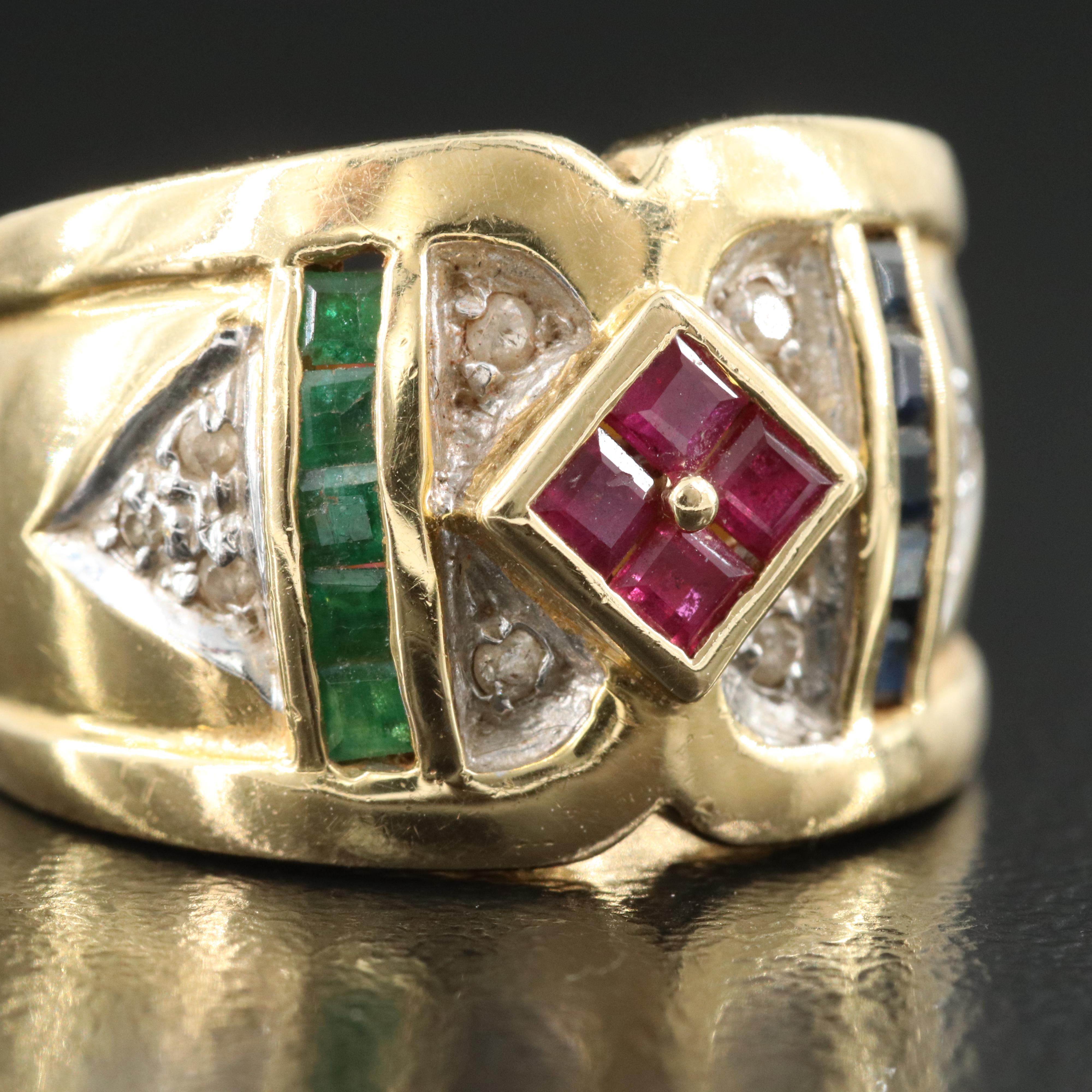18K Ruby, Sapphire, Emerald and Diamond Ring