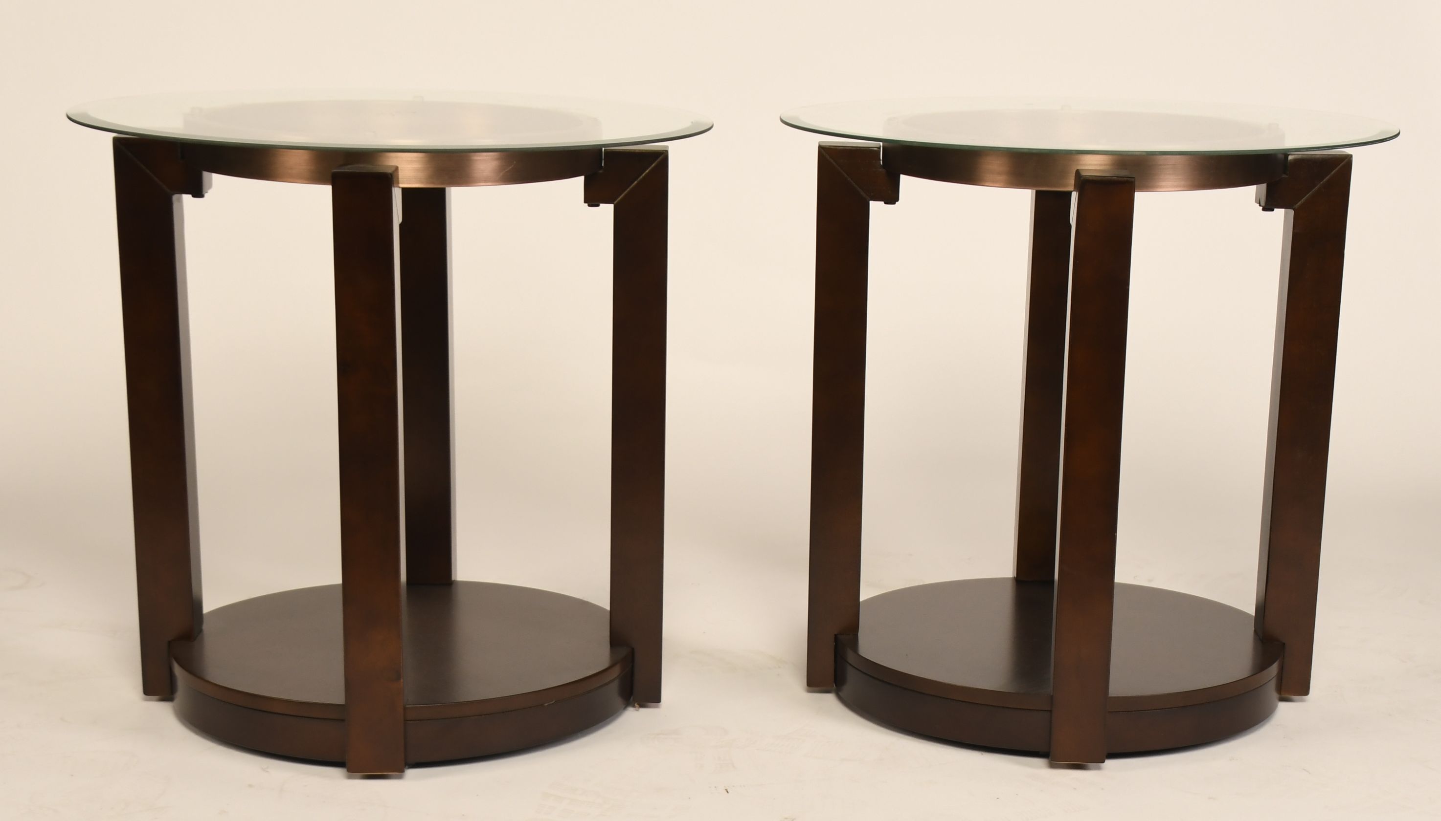 Pair of Contemporary Glass, Metal and Wood End Tables