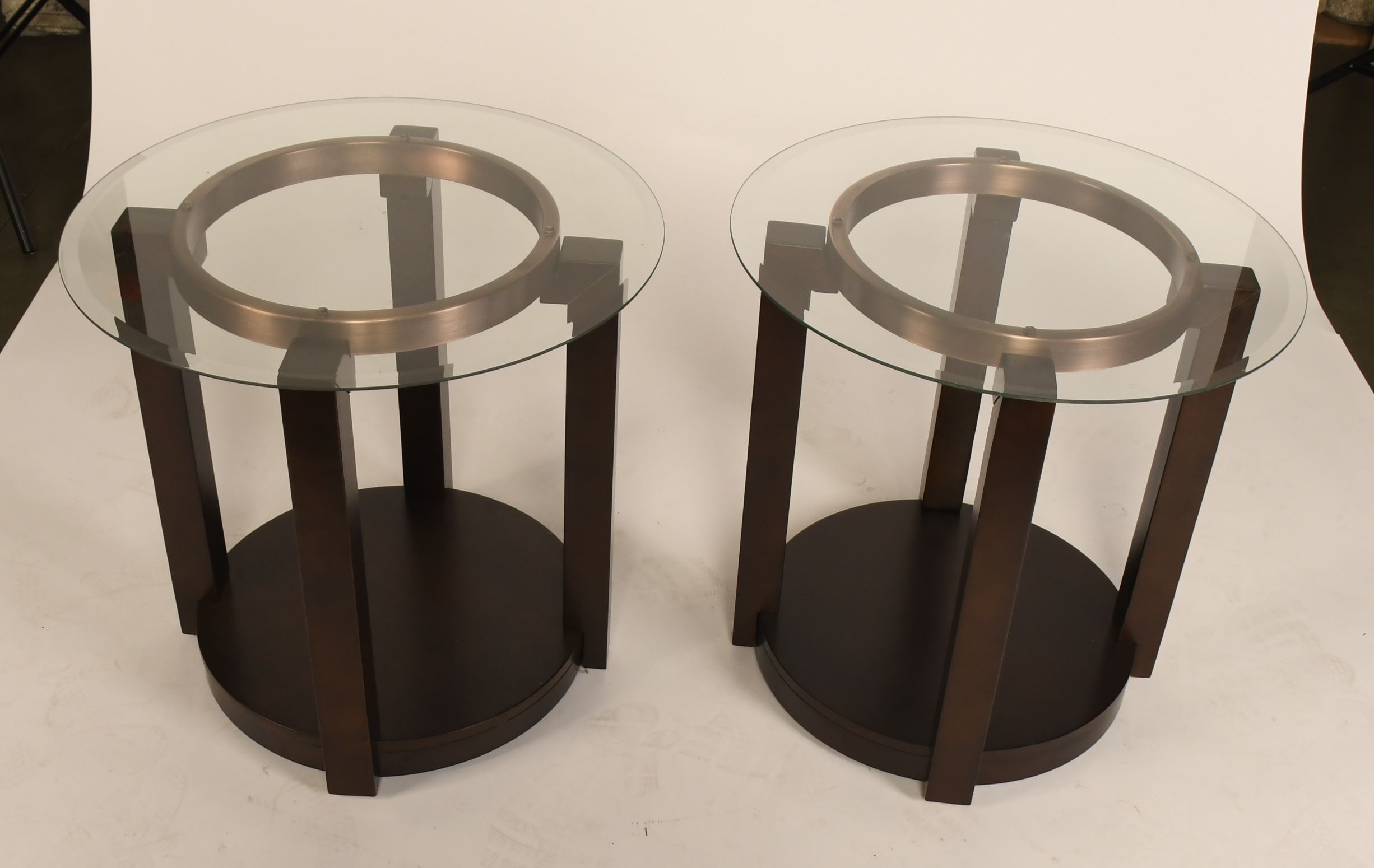 Pair of Contemporary Glass, Metal and Wood End Tables
