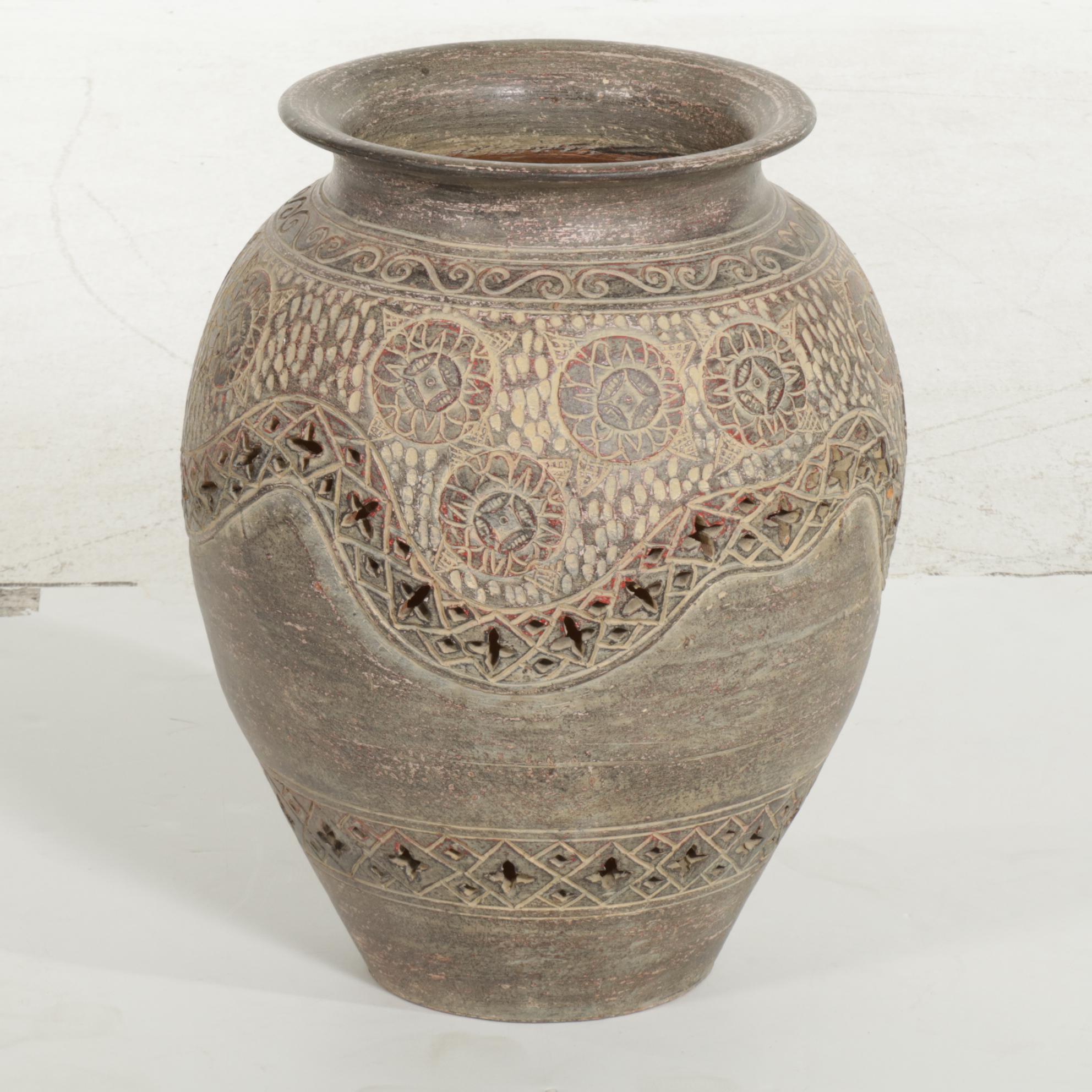Earthenware Floor Vase with Pierced Detail