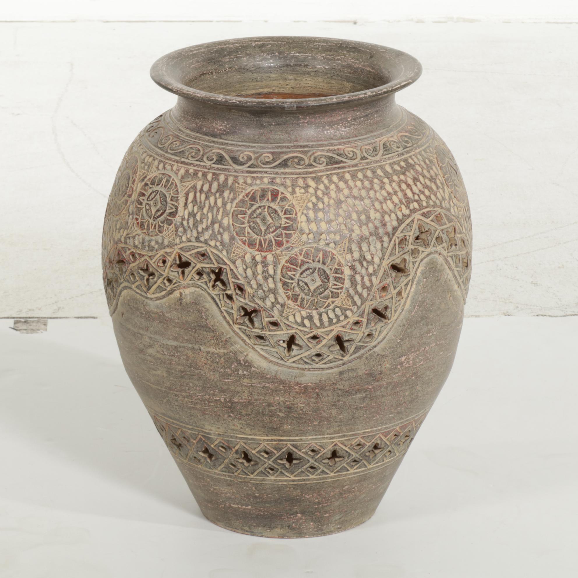 Earthenware Floor Vase with Pierced Detail