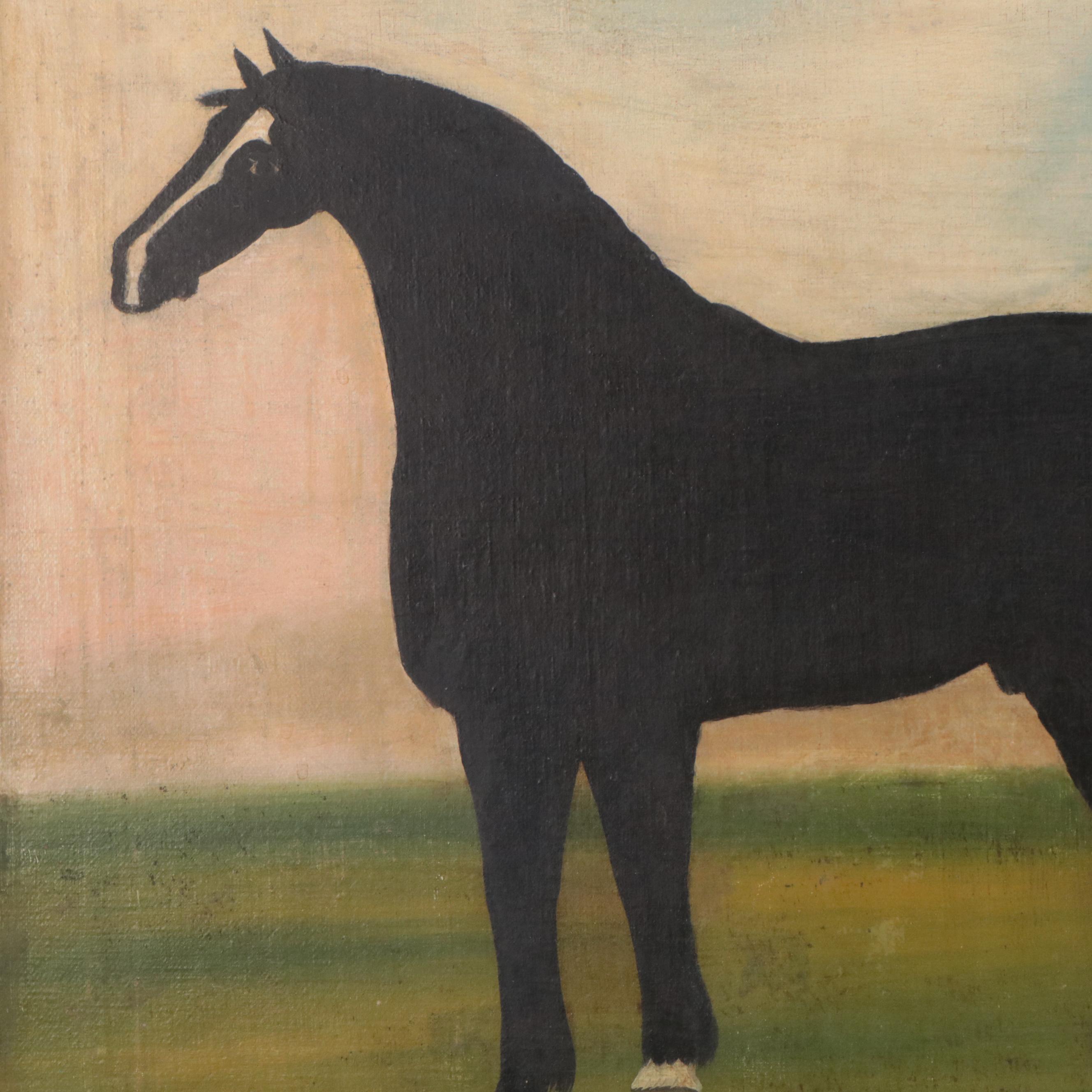 English School Folk Art Oil Painting of Horses, 19th Century