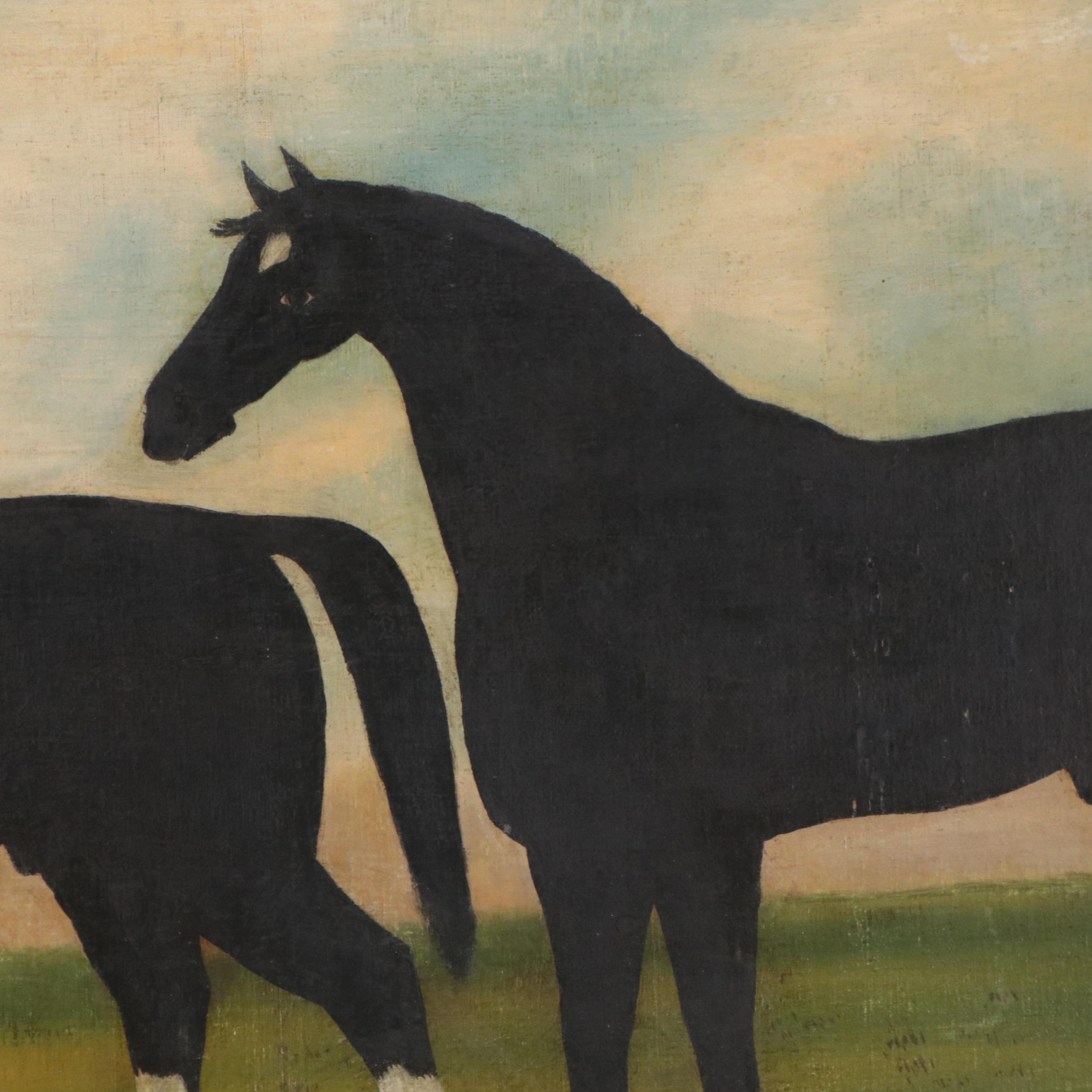English School Folk Art Oil Painting of Horses, 19th Century