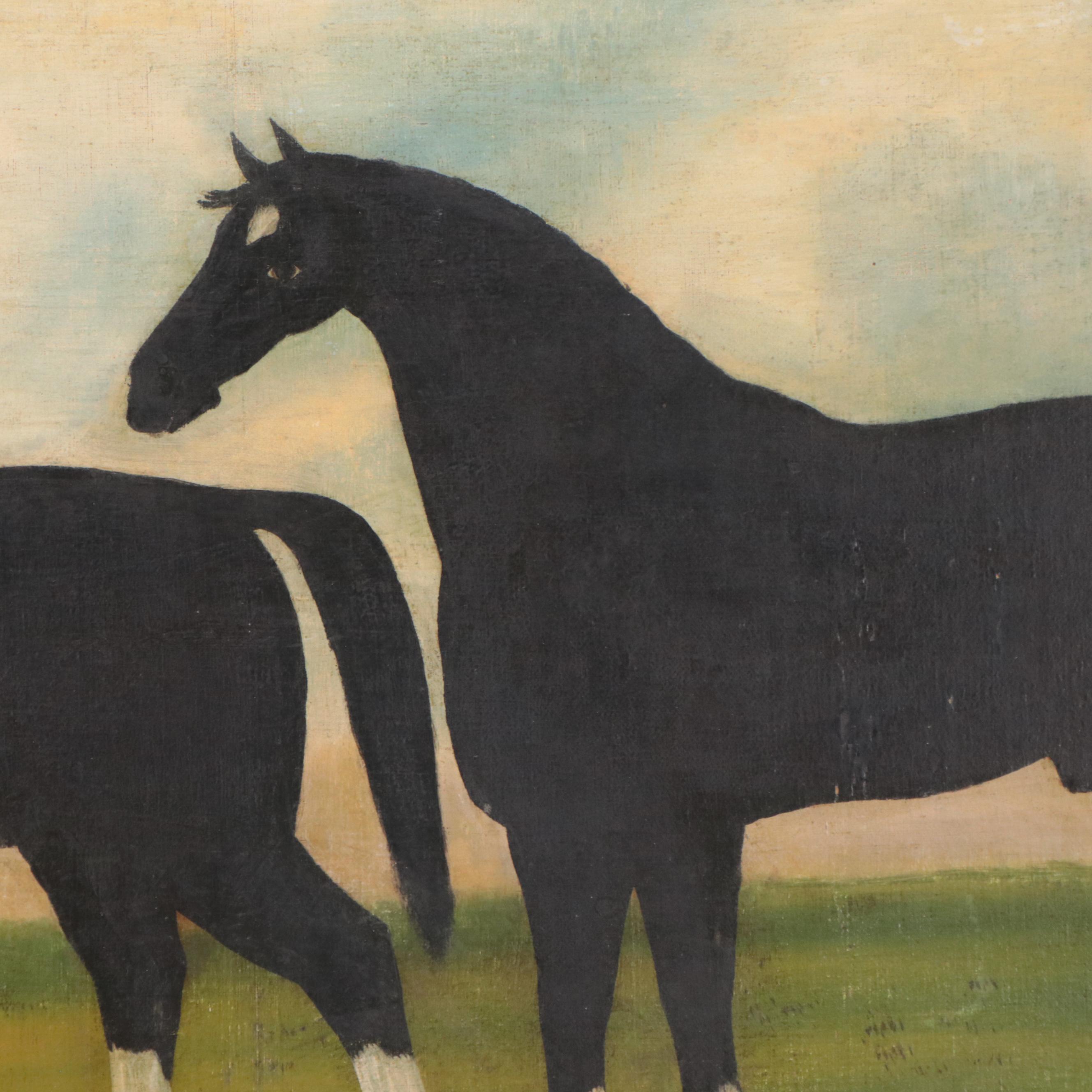 English School Folk Art Oil Painting of Horses, 19th Century