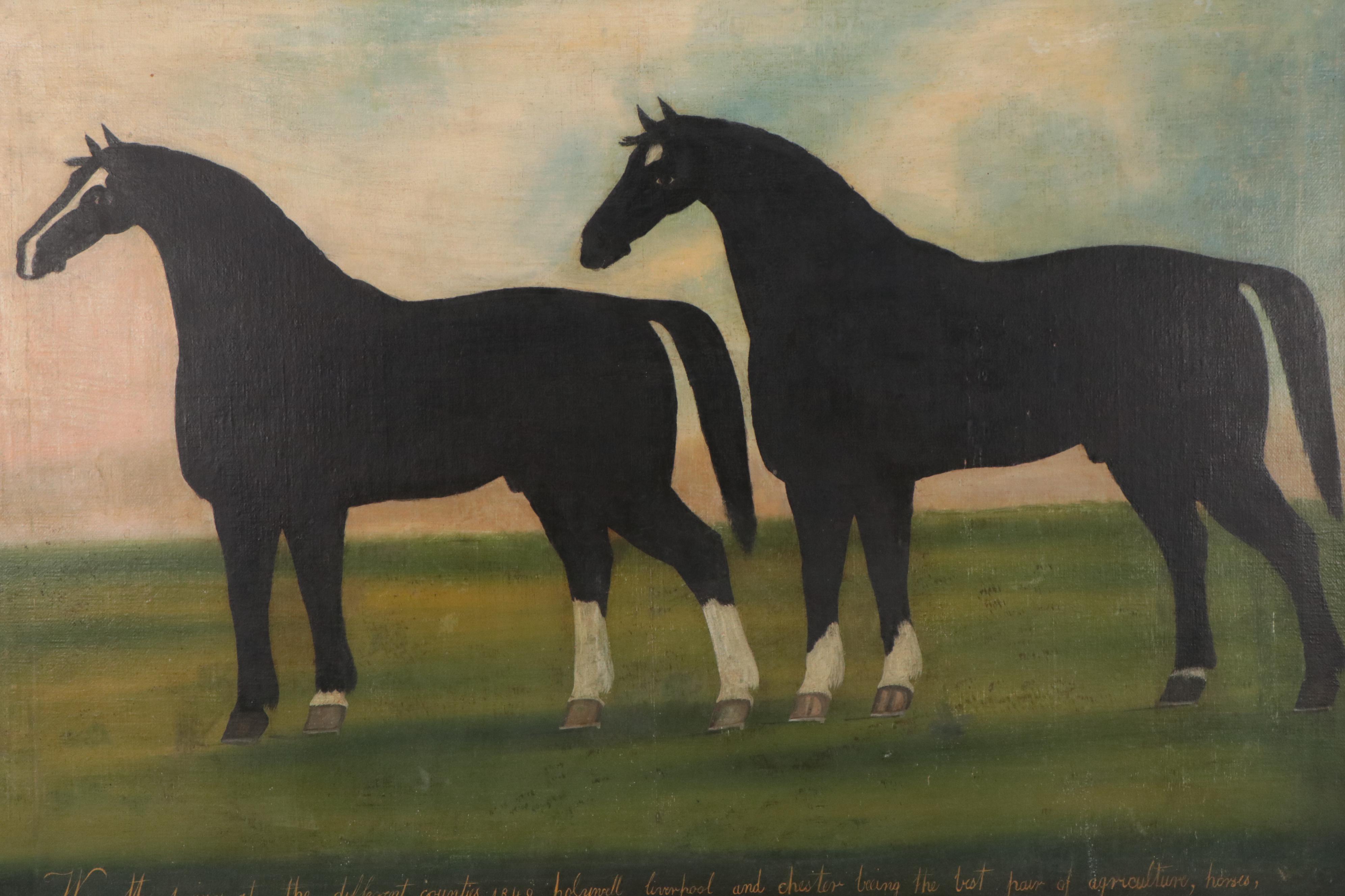 English School Folk Art Oil Painting of Horses, 19th Century