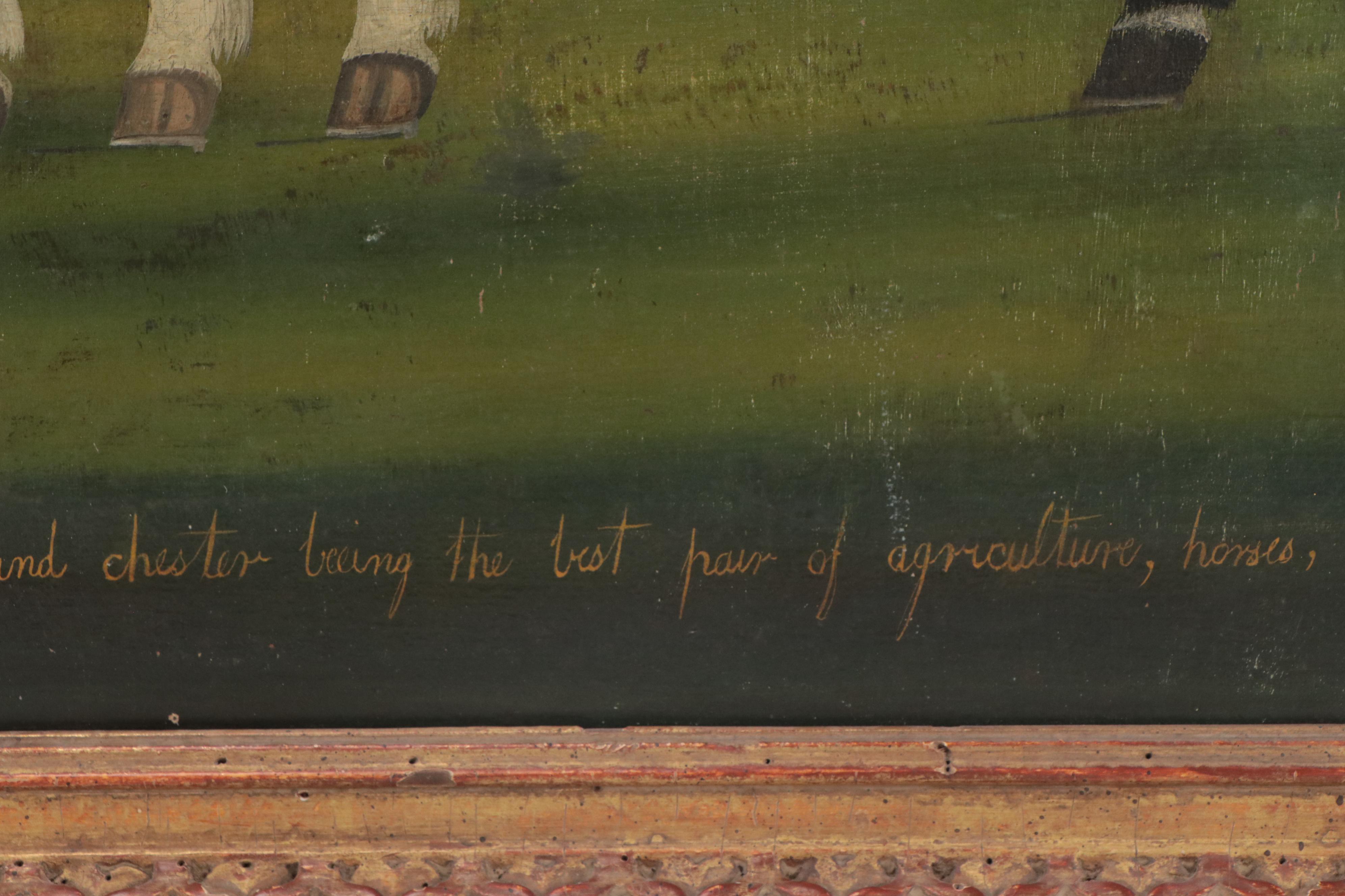 English School Folk Art Oil Painting of Horses, 19th Century