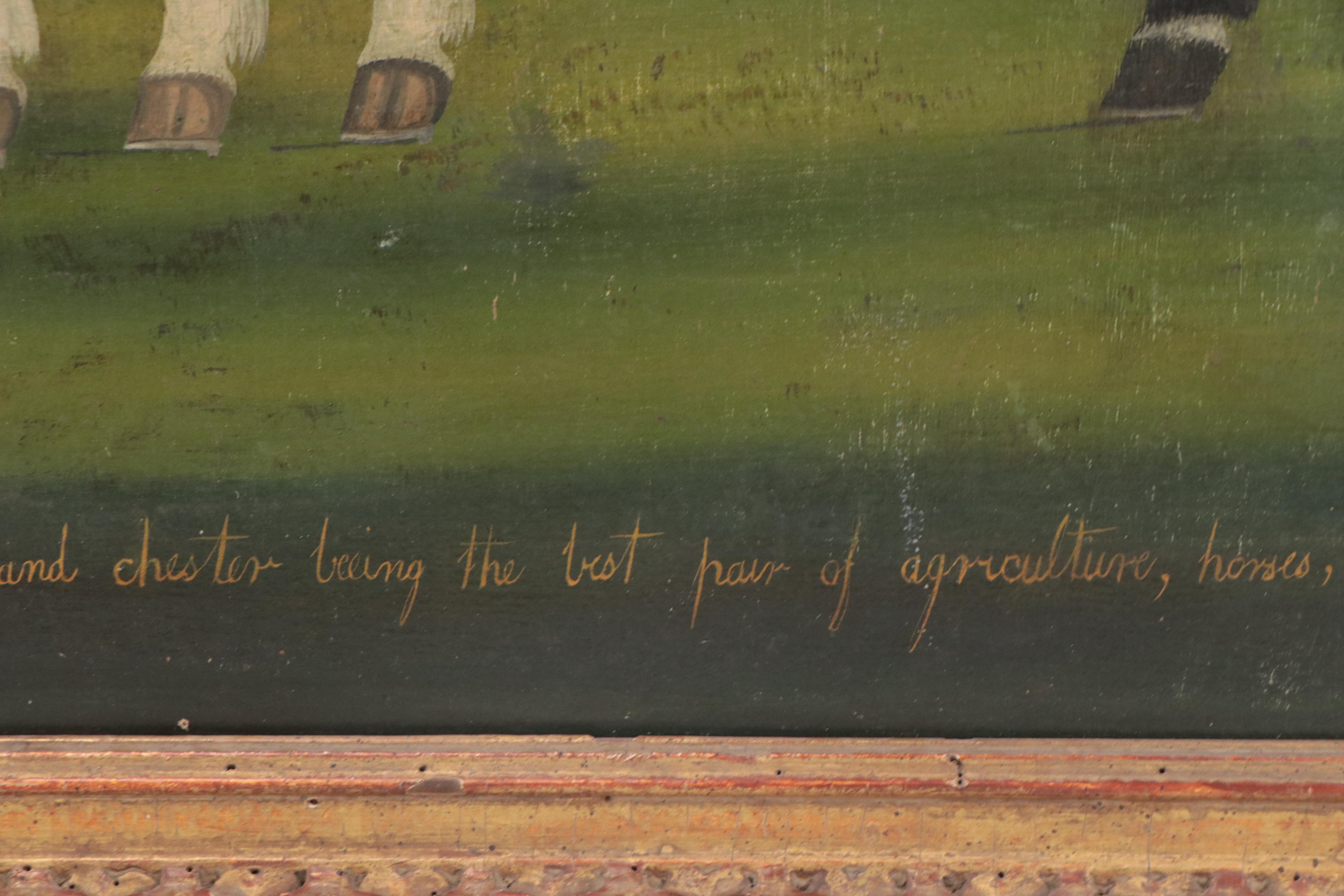 English School Folk Art Oil Painting of Horses, 19th Century