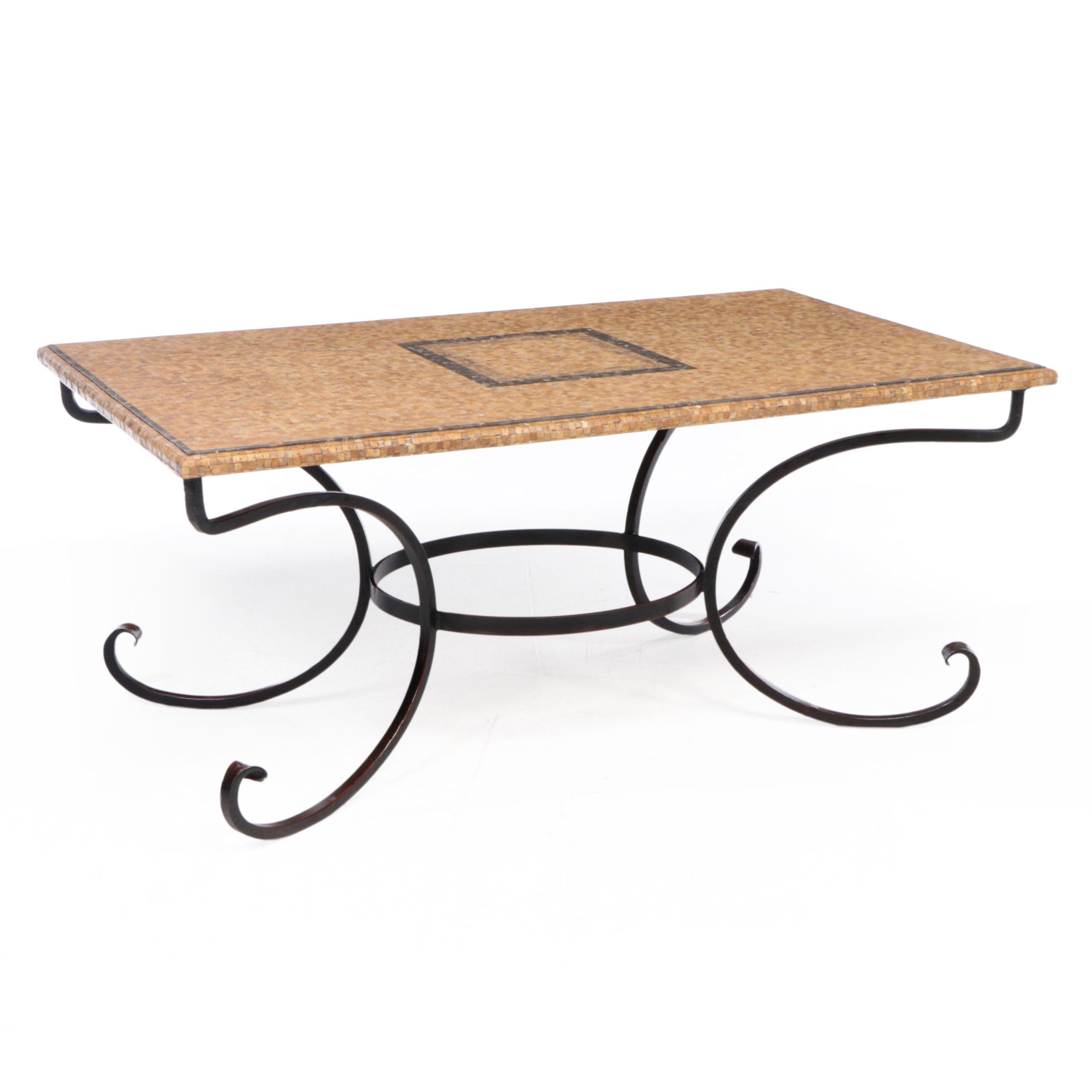 Arhaus "Mosaic Collection" Stone-Tiled Dining Table on Wrought Iron Base.