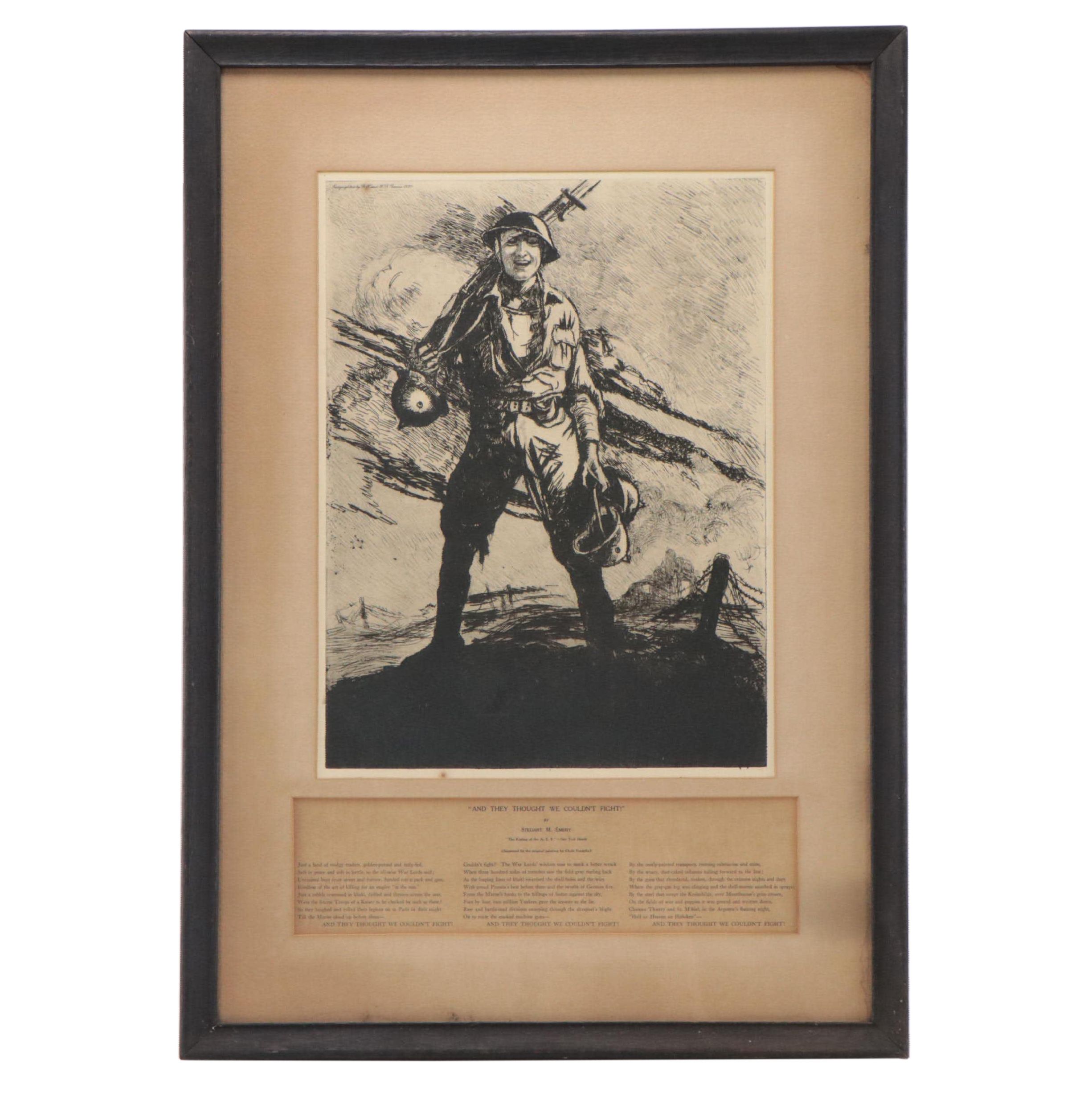 Clyde Forsythe WWI Patriotic Etching  "And They Thought We Couldn't Fight!"