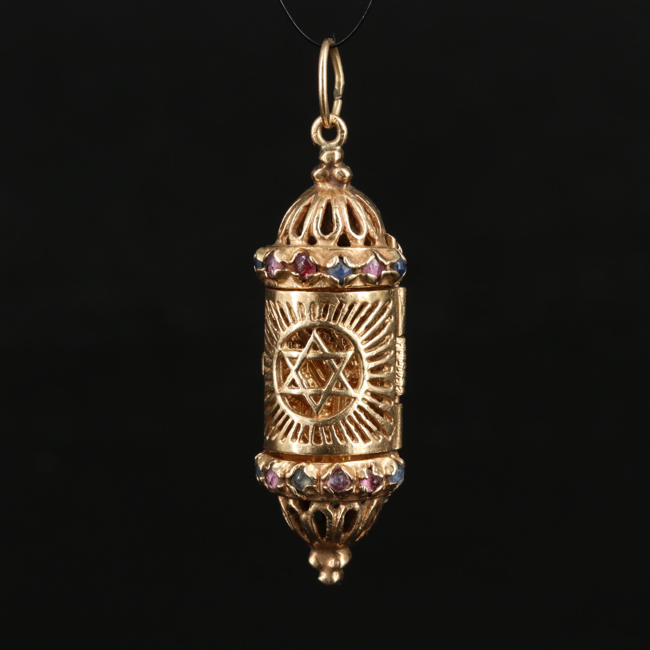 14K Sapphire and Ruby Mezuzah Pendant