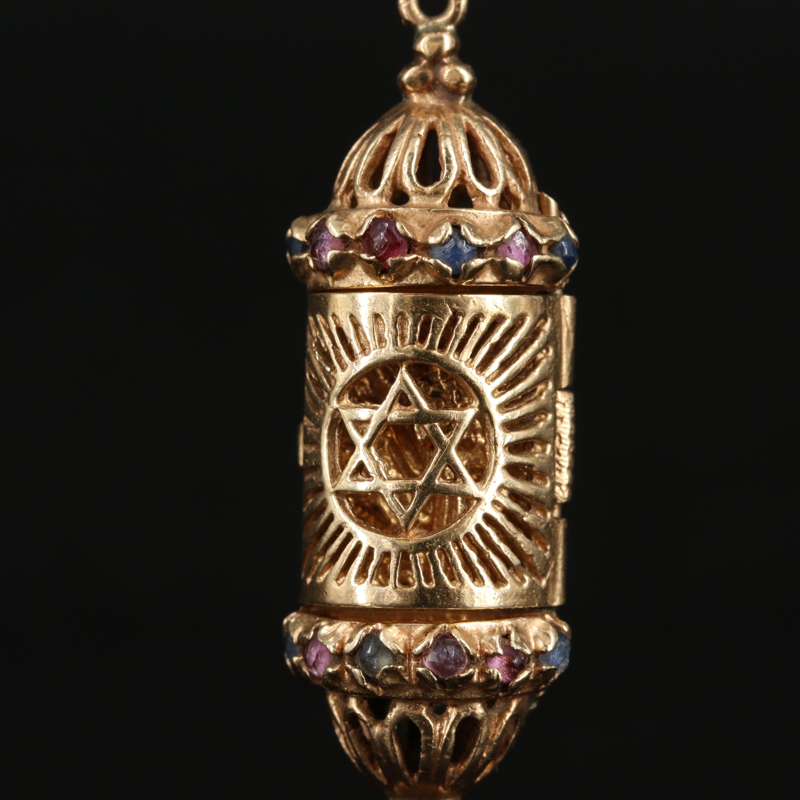 14K Sapphire and Ruby Mezuzah Pendant