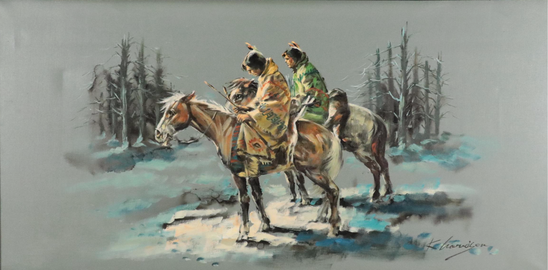 K. Harrison Oil Painting of Native American Figures on Horseback