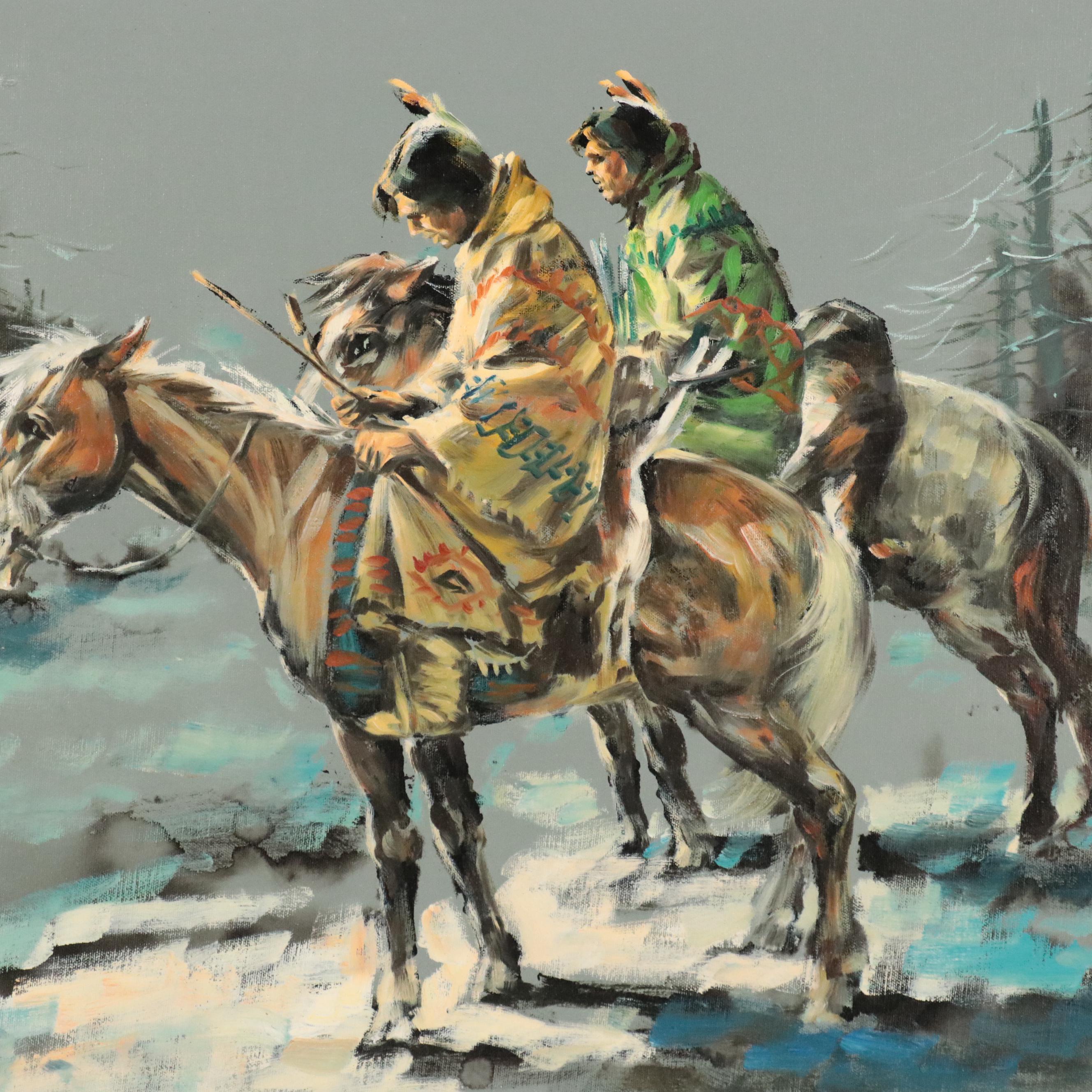 K. Harrison Oil Painting of Native American Figures on Horseback