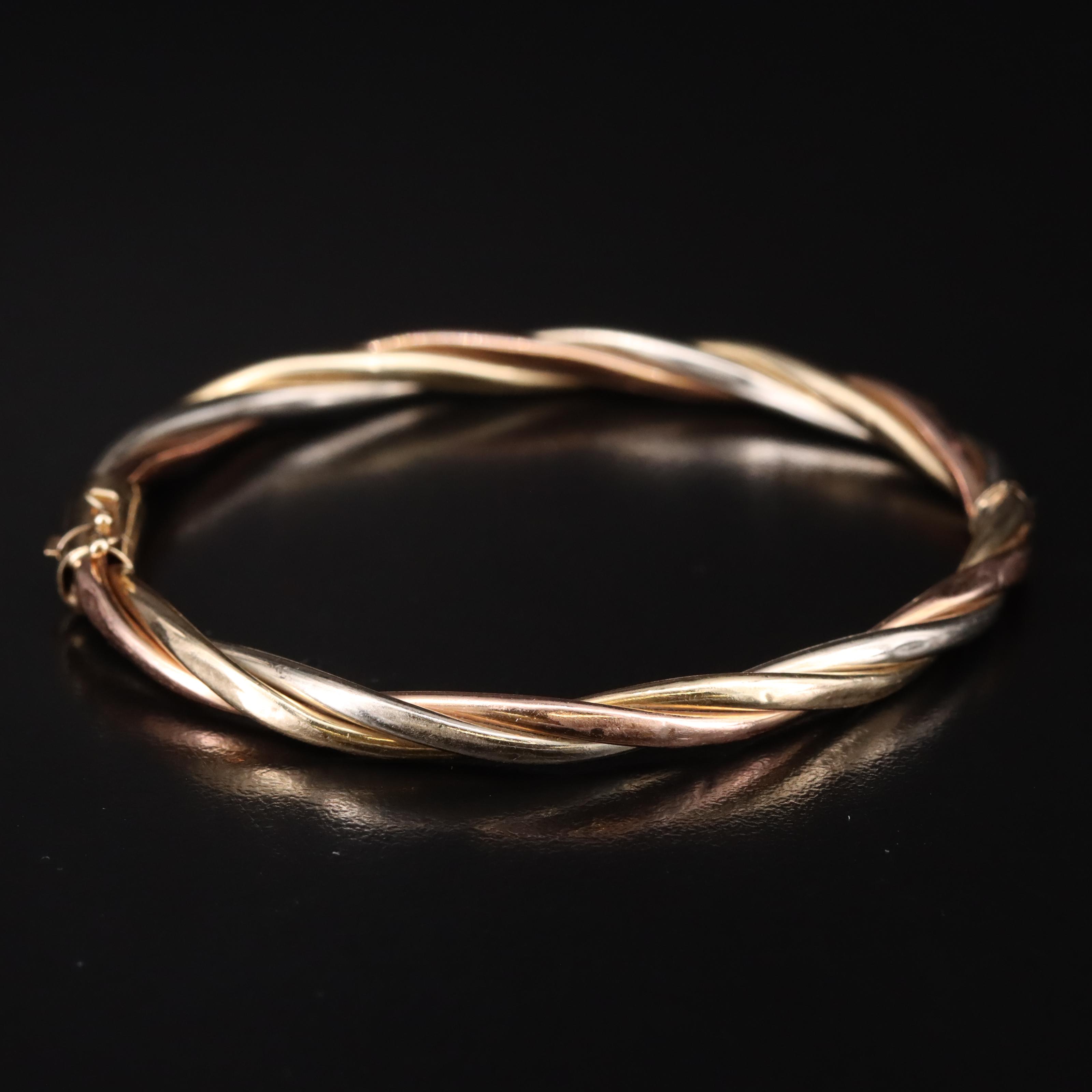 14K Tri-Color Hinged Braided Bangle