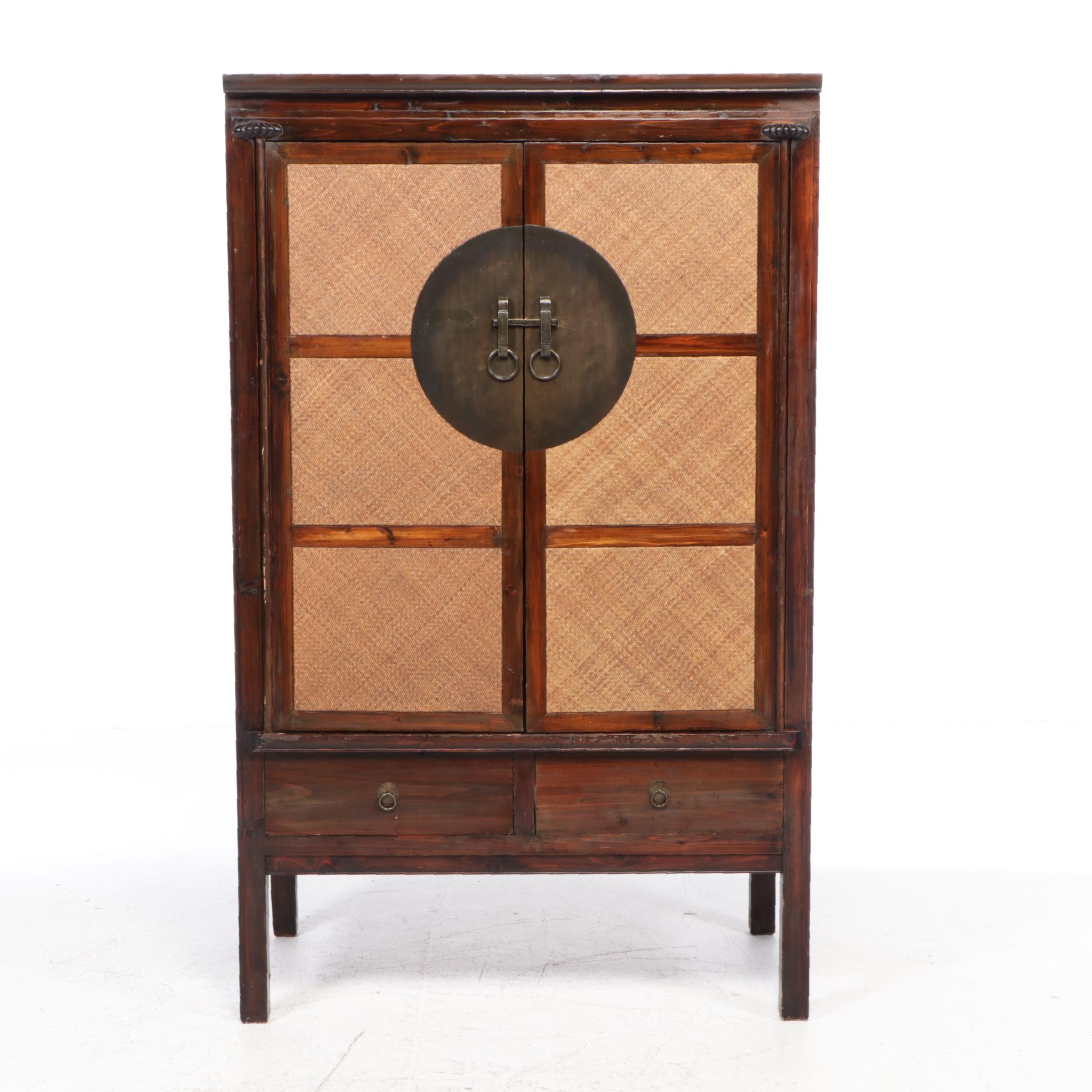 Palecek Chinese Style Brass-Mounted Pine and Caned Media Cabinet