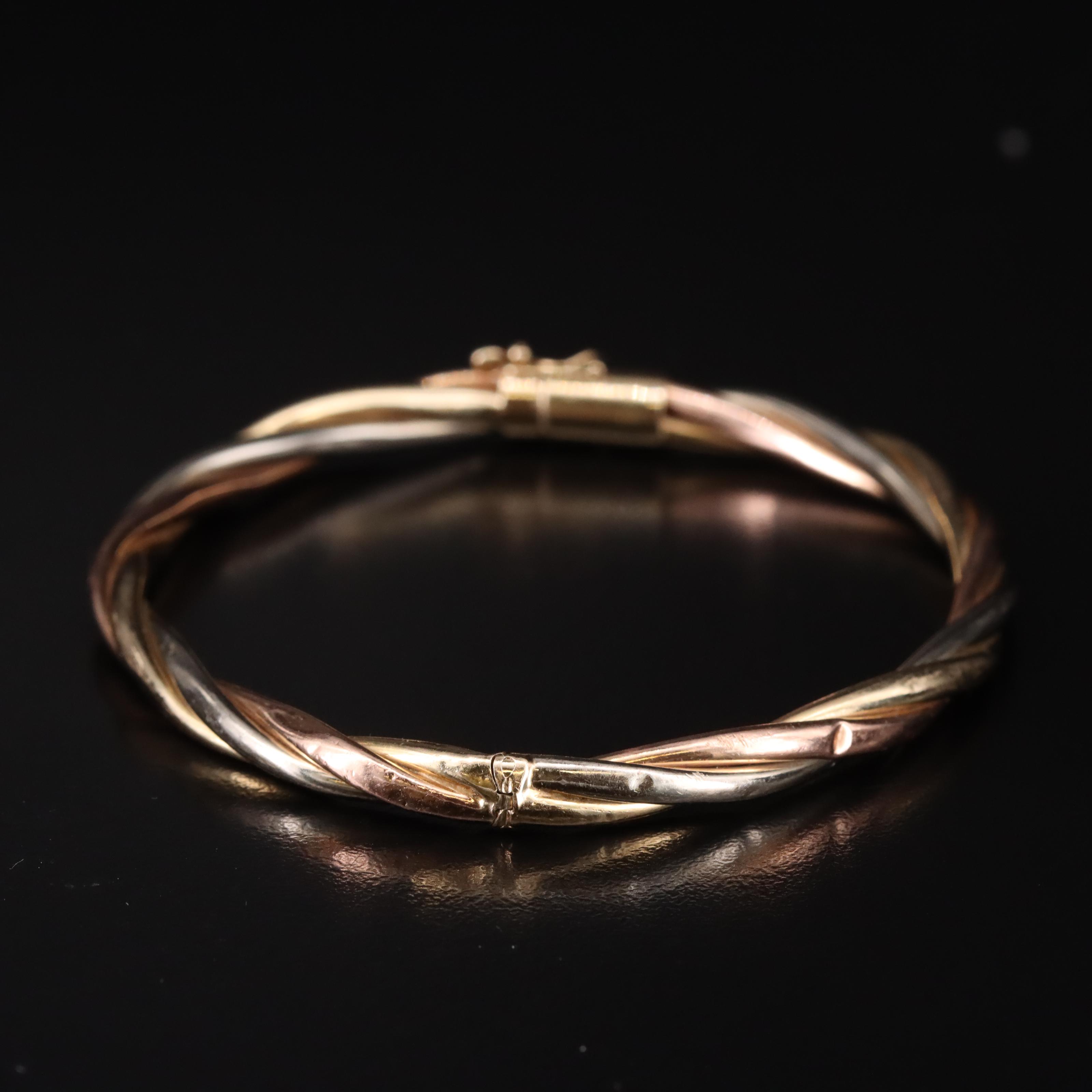 14K Tri-Color Hinged Braided Bangle
