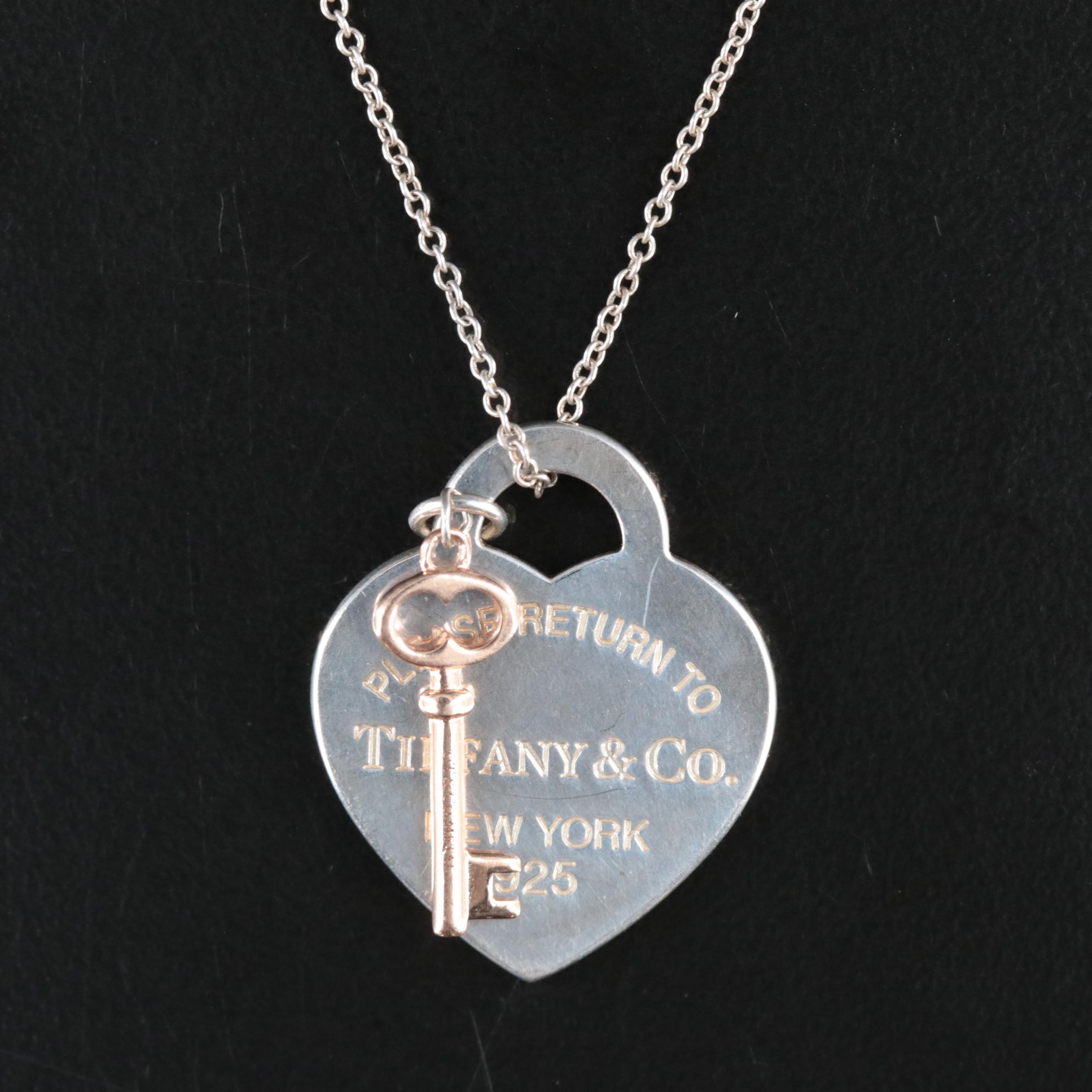 Tiffany & Co. "Return to Tiffany" Sterling Heart Tag Necklace with Rubedo™ Key