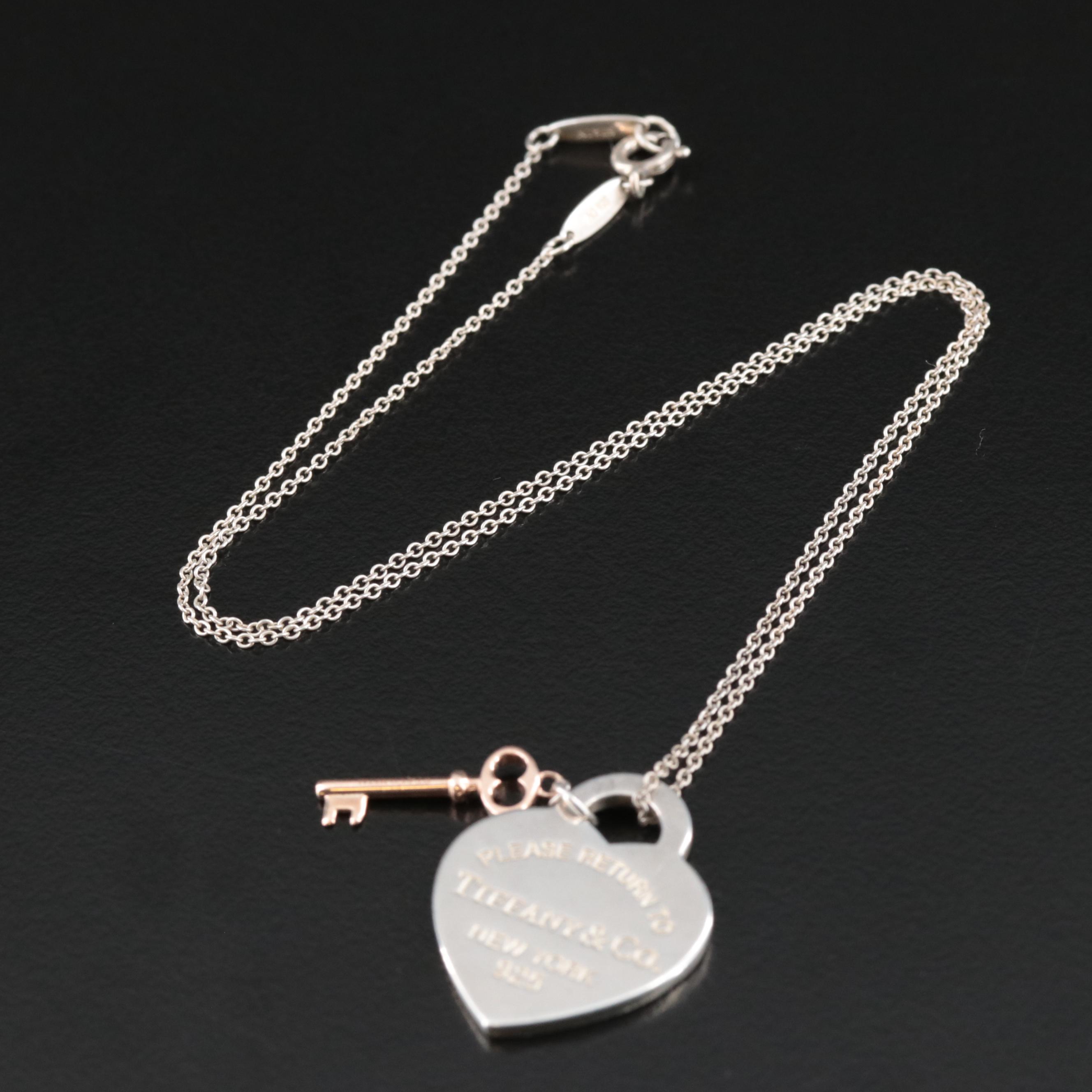 Tiffany & Co. "Return to Tiffany" Sterling Heart Tag Necklace with Rubedo™ Key