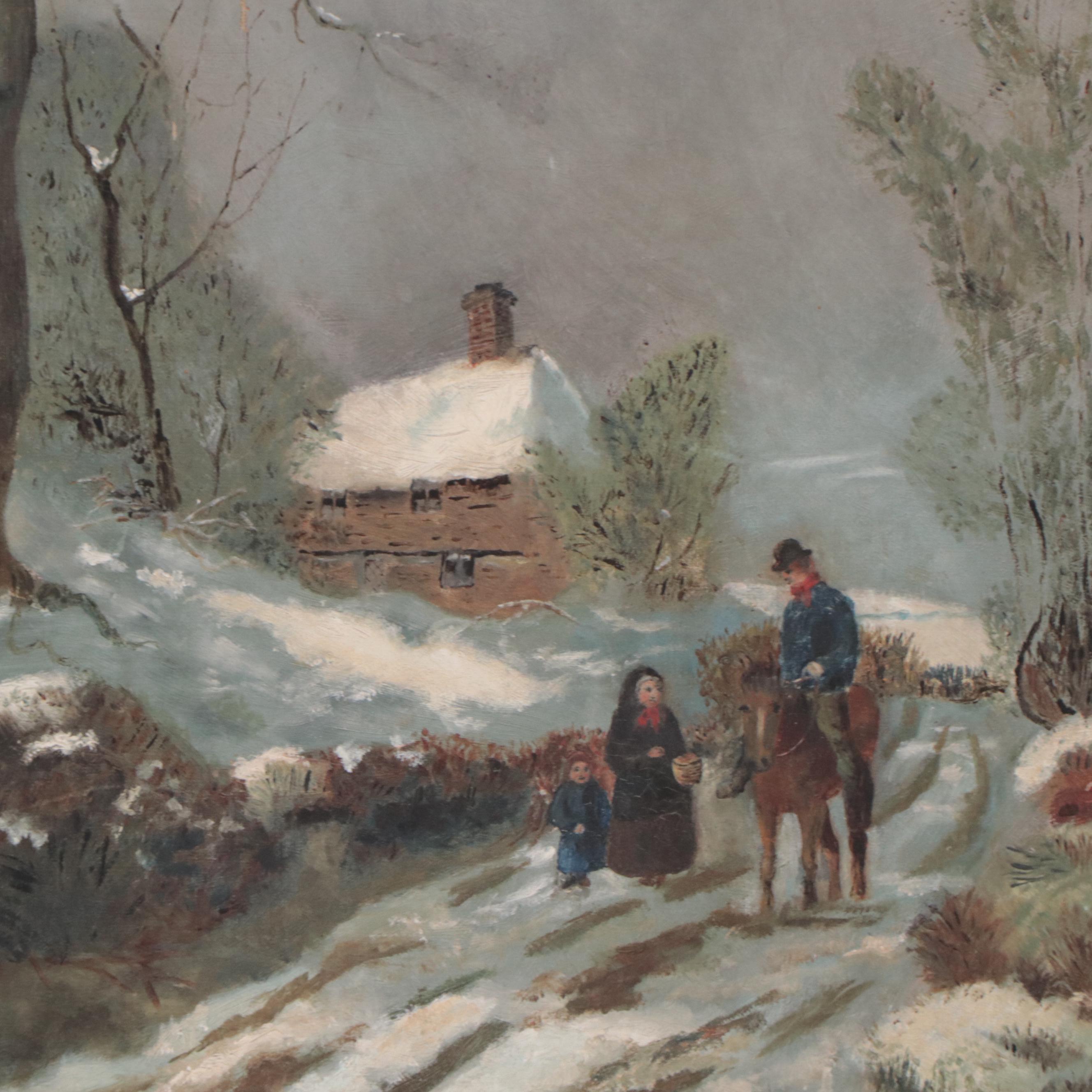 Winter Landscape Oil Painting of Farm Entrance