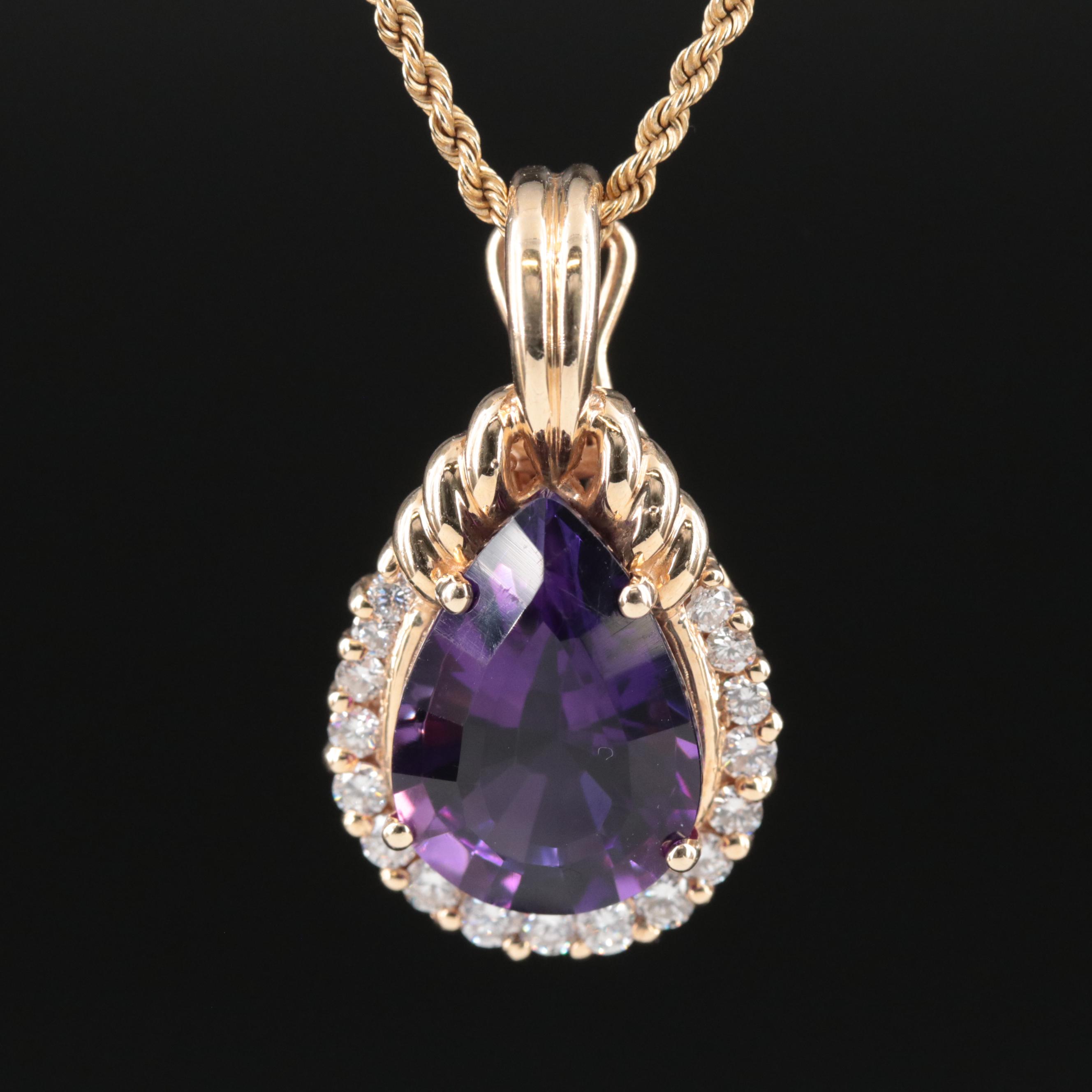 14K Amethyst and Diamond Pendant on a Rope Chain EBTH