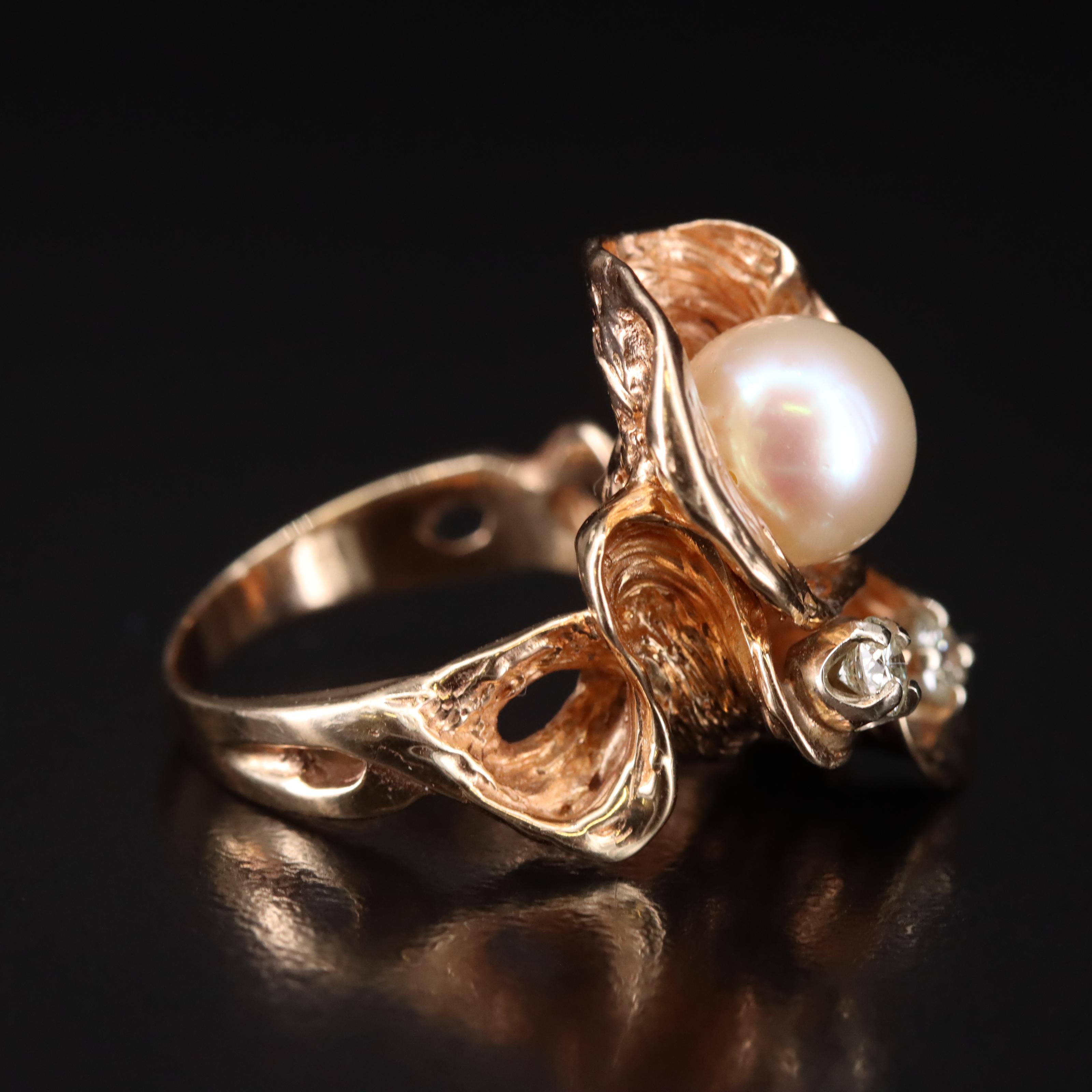 14K Pearl and Diamond Freeform Ring