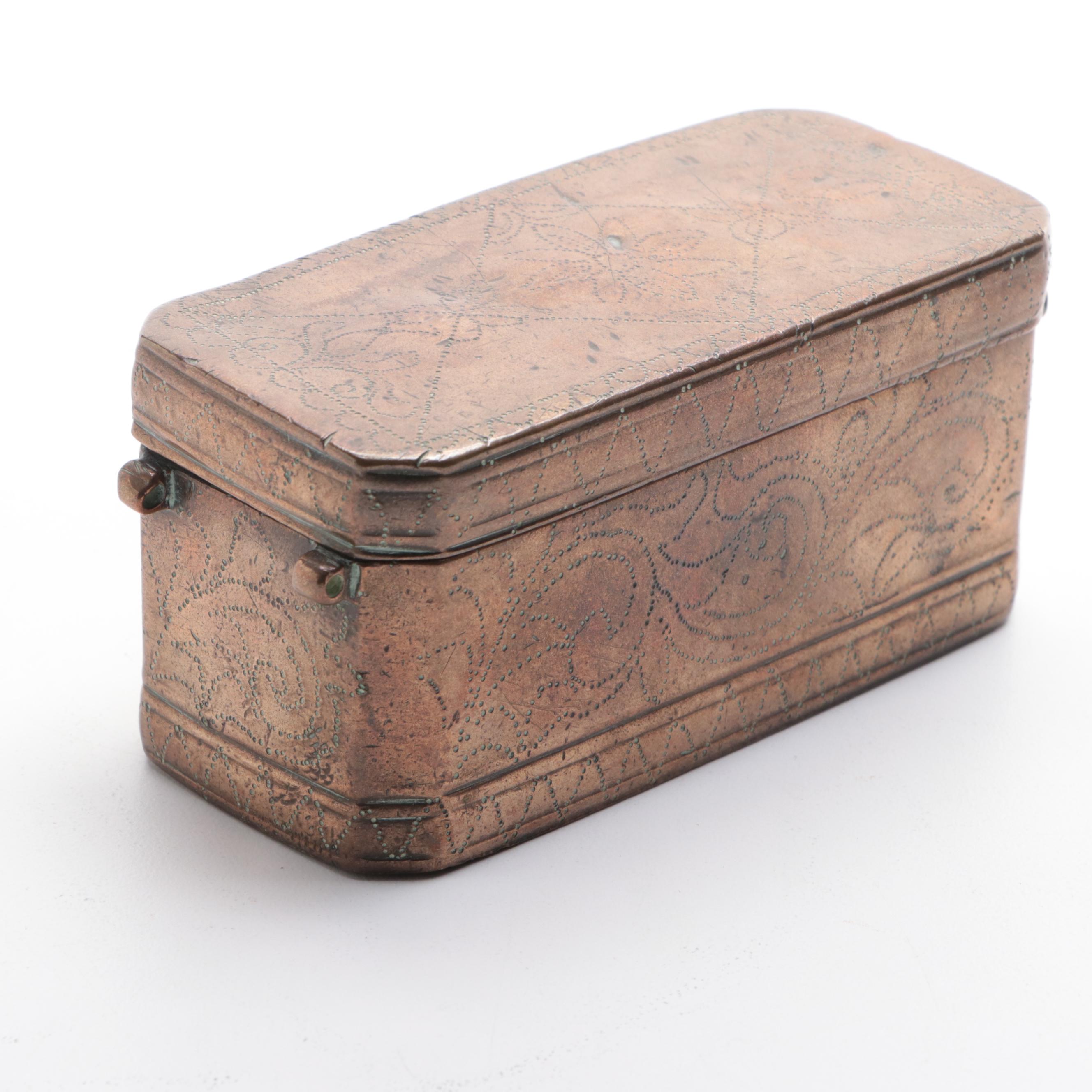 Stipple Engraved Brass Snuff Box, 19th Century