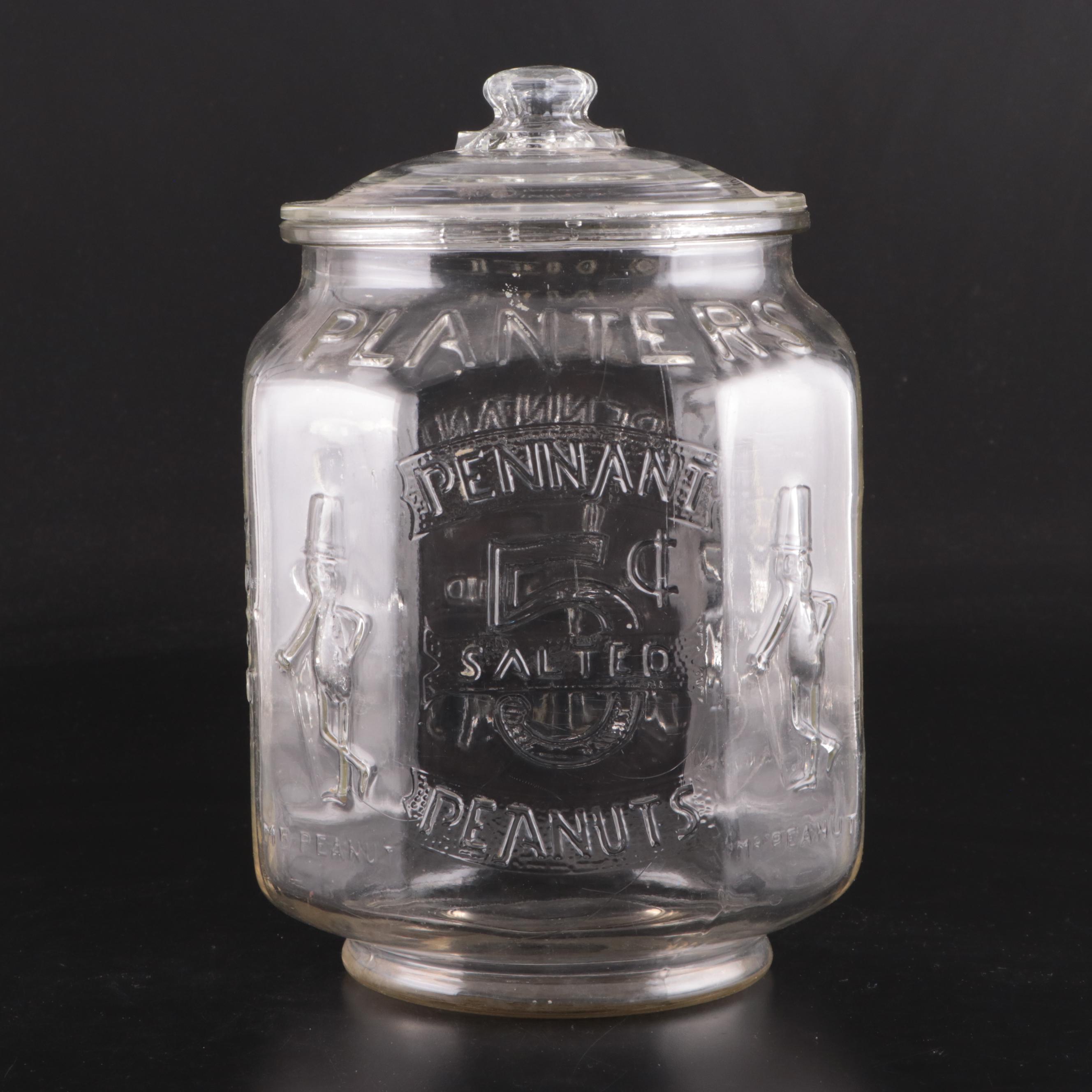 Planters Octagon Shape Glass Pennant Peanuts Lidded Jar