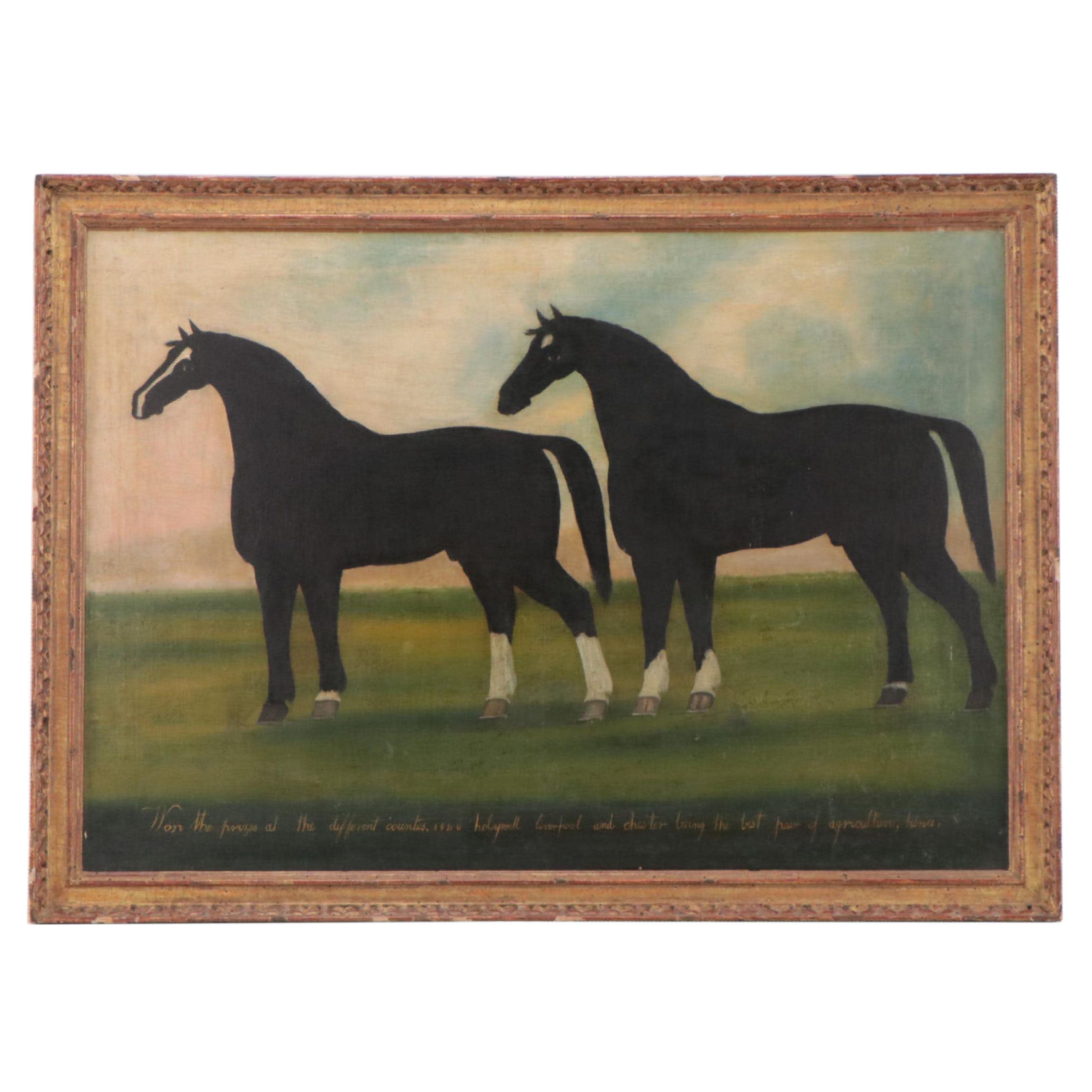 English School Folk Art Oil Painting of Horses, 19th Century