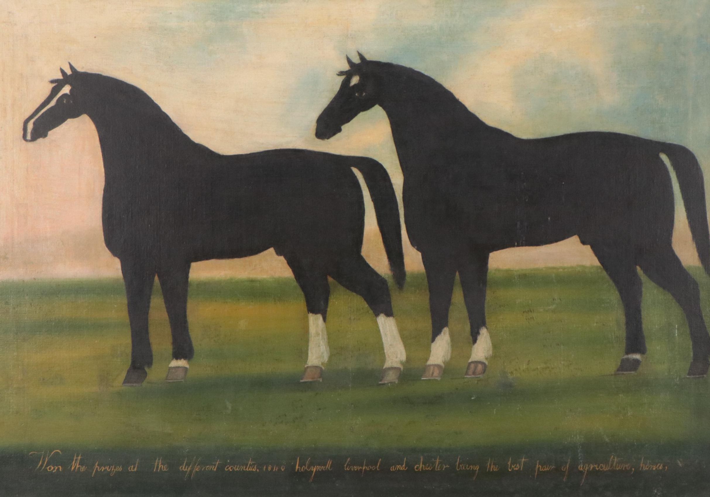 English School Folk Art Oil Painting of Horses, 19th Century