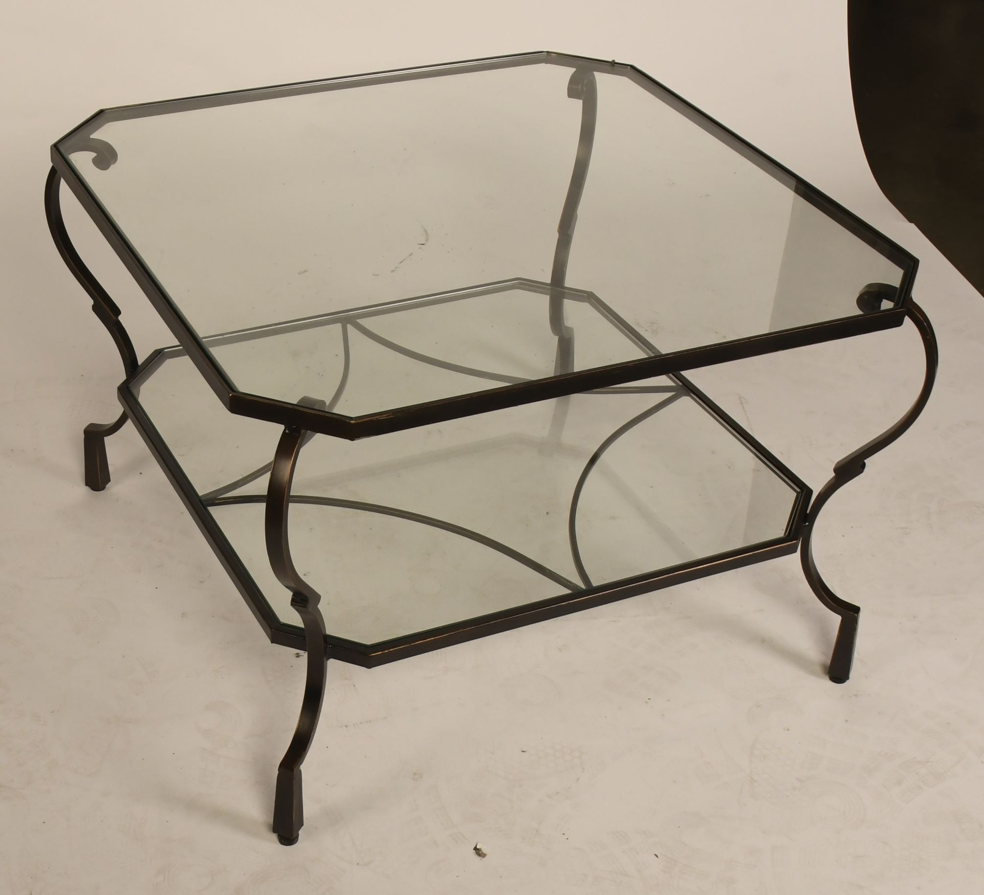 Scrolled Wrought Iron and Glass Two-Tier Coffee Table