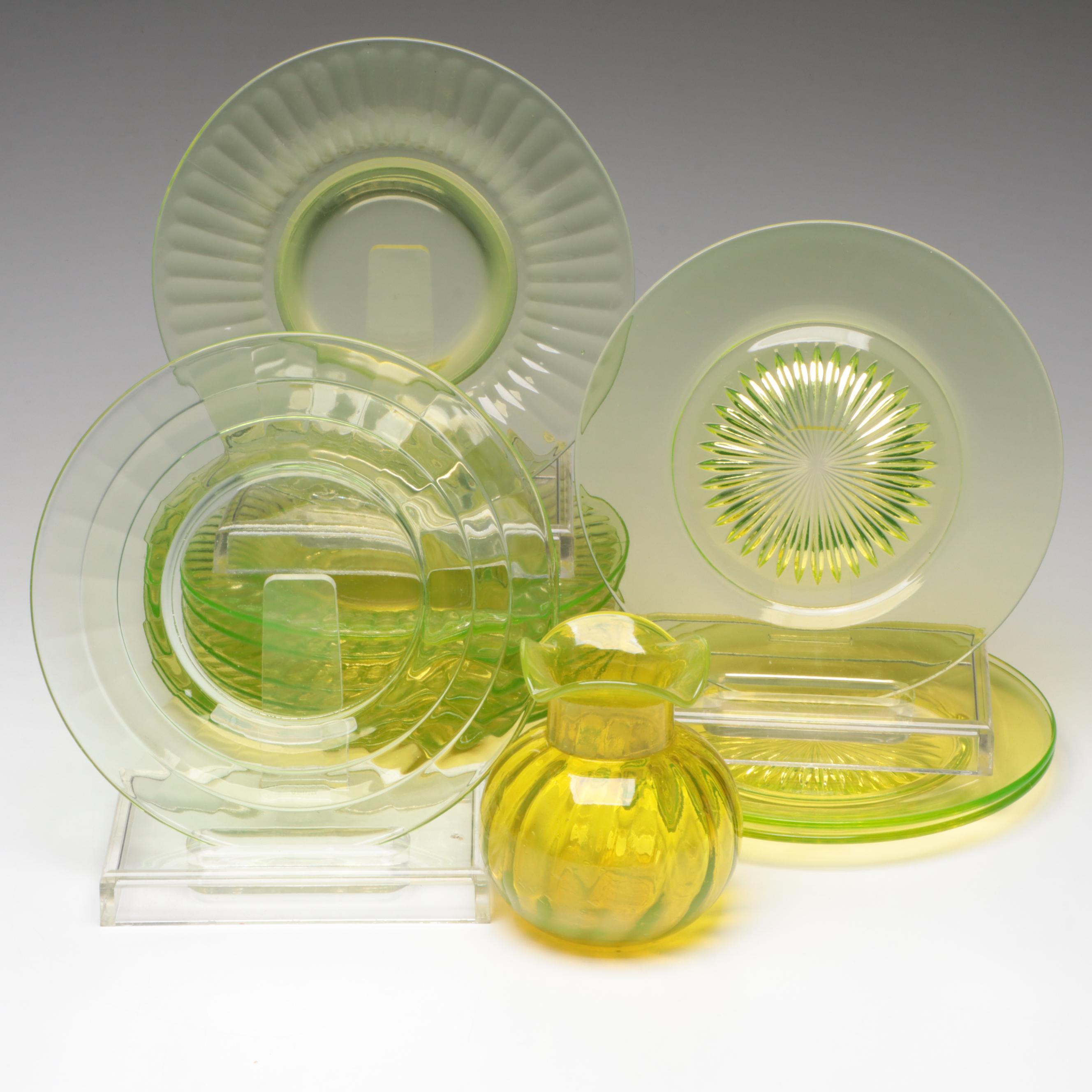 Uranium Glass Plates with Other Green Glass Ruffled Vase