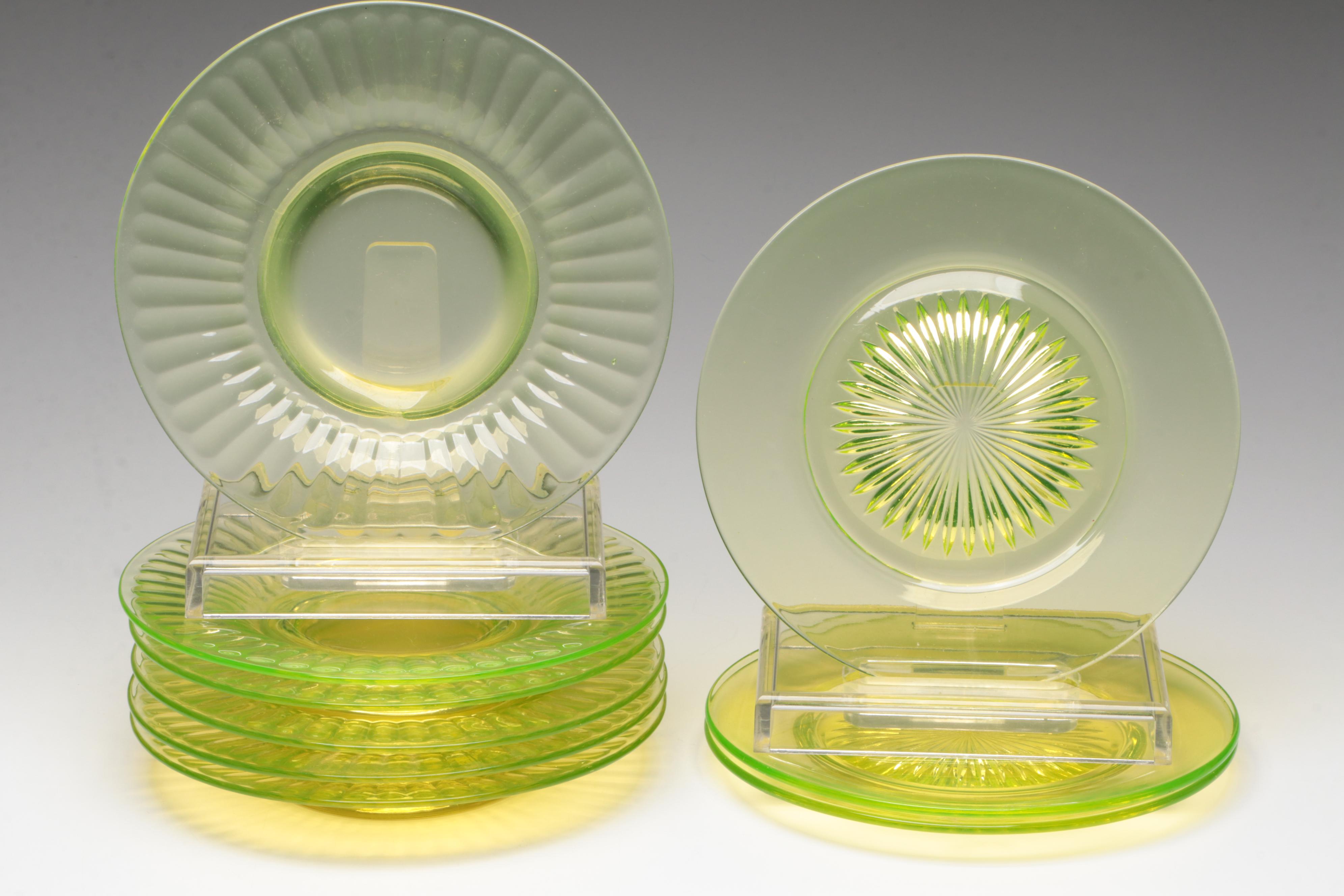Uranium Glass Plates with Other Green Glass Ruffled Vase