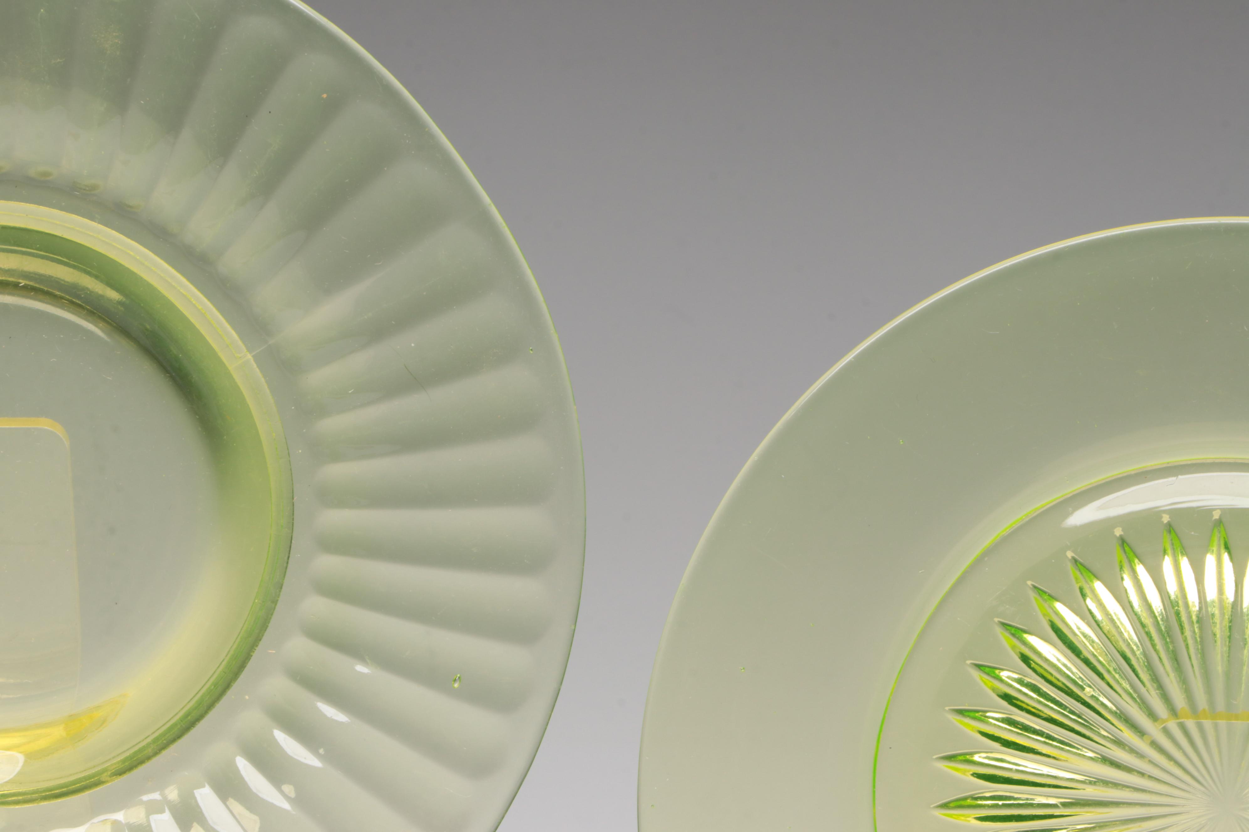 Uranium Glass Plates with Other Green Glass Ruffled Vase