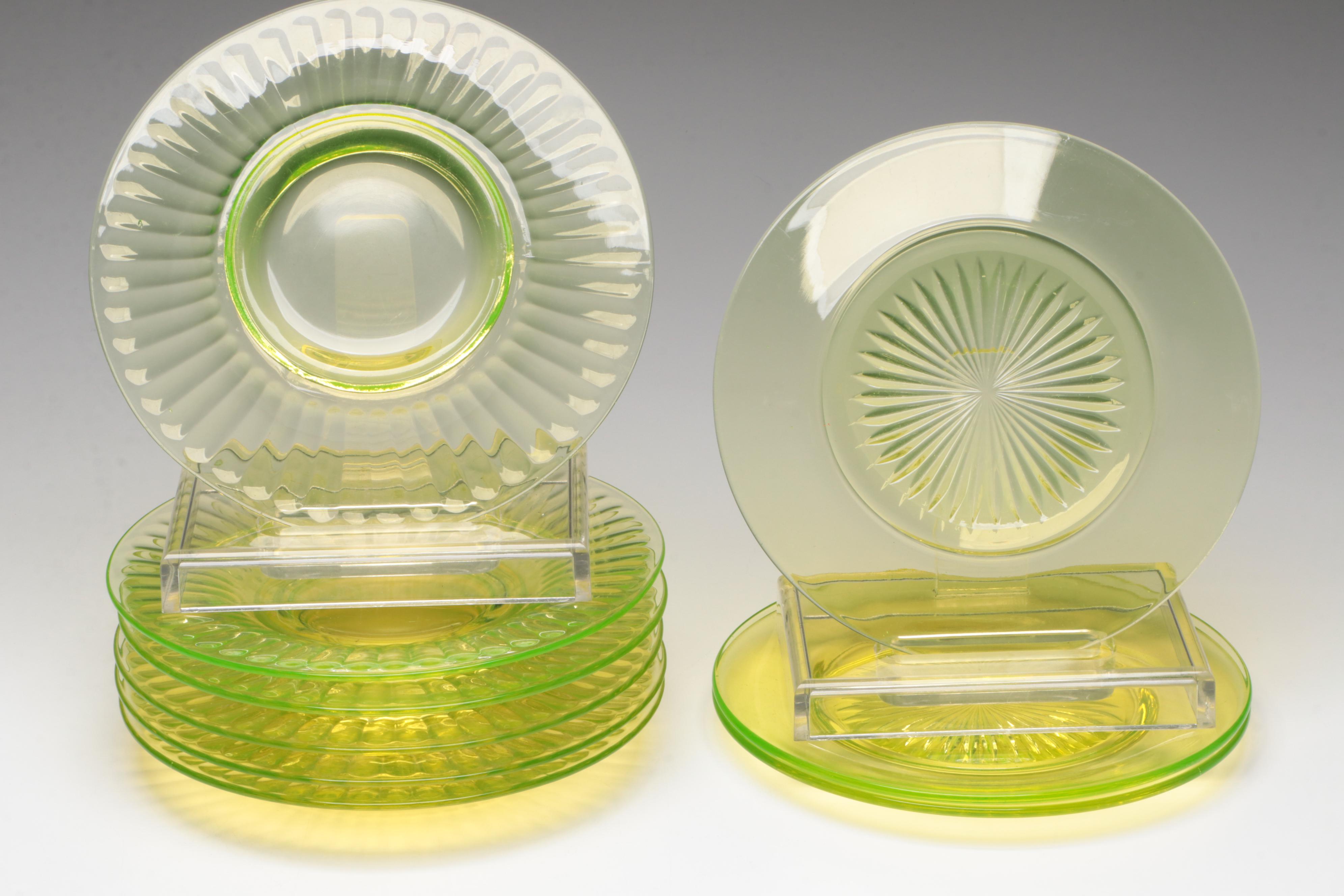 Uranium Glass Plates with Other Green Glass Ruffled Vase