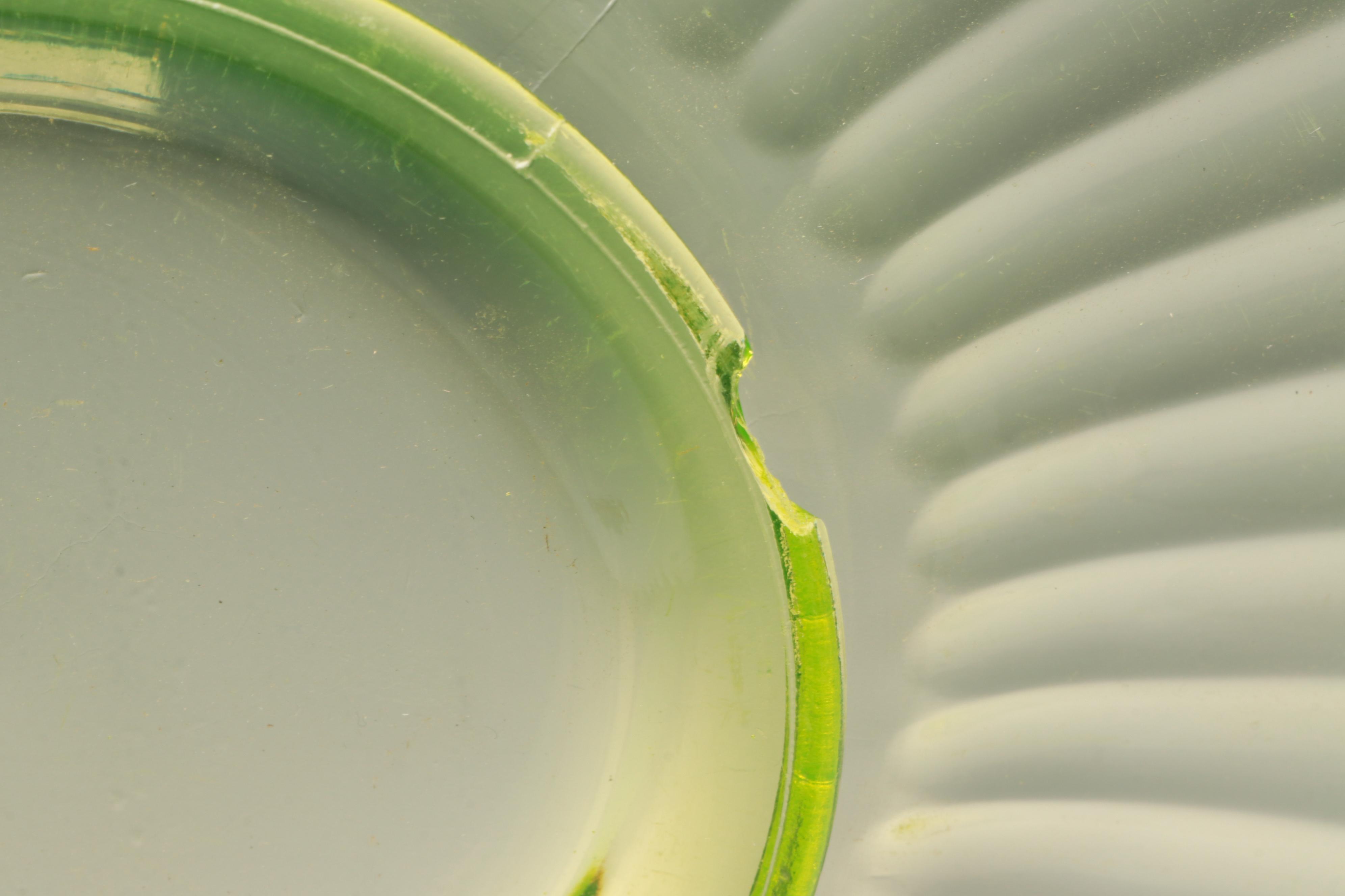 Uranium Glass Plates with Other Green Glass Ruffled Vase