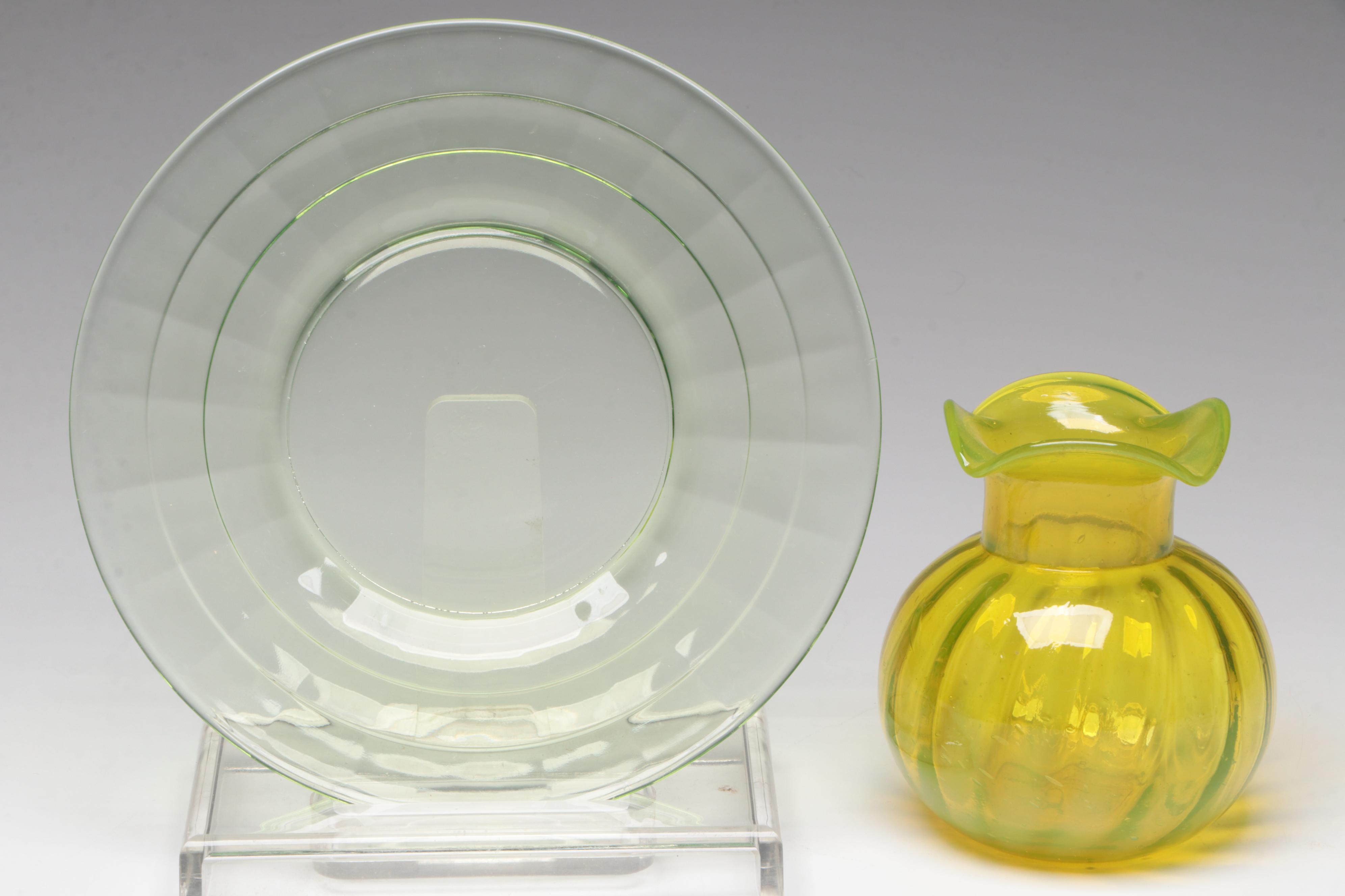 Uranium Glass Plates with Other Green Glass Ruffled Vase