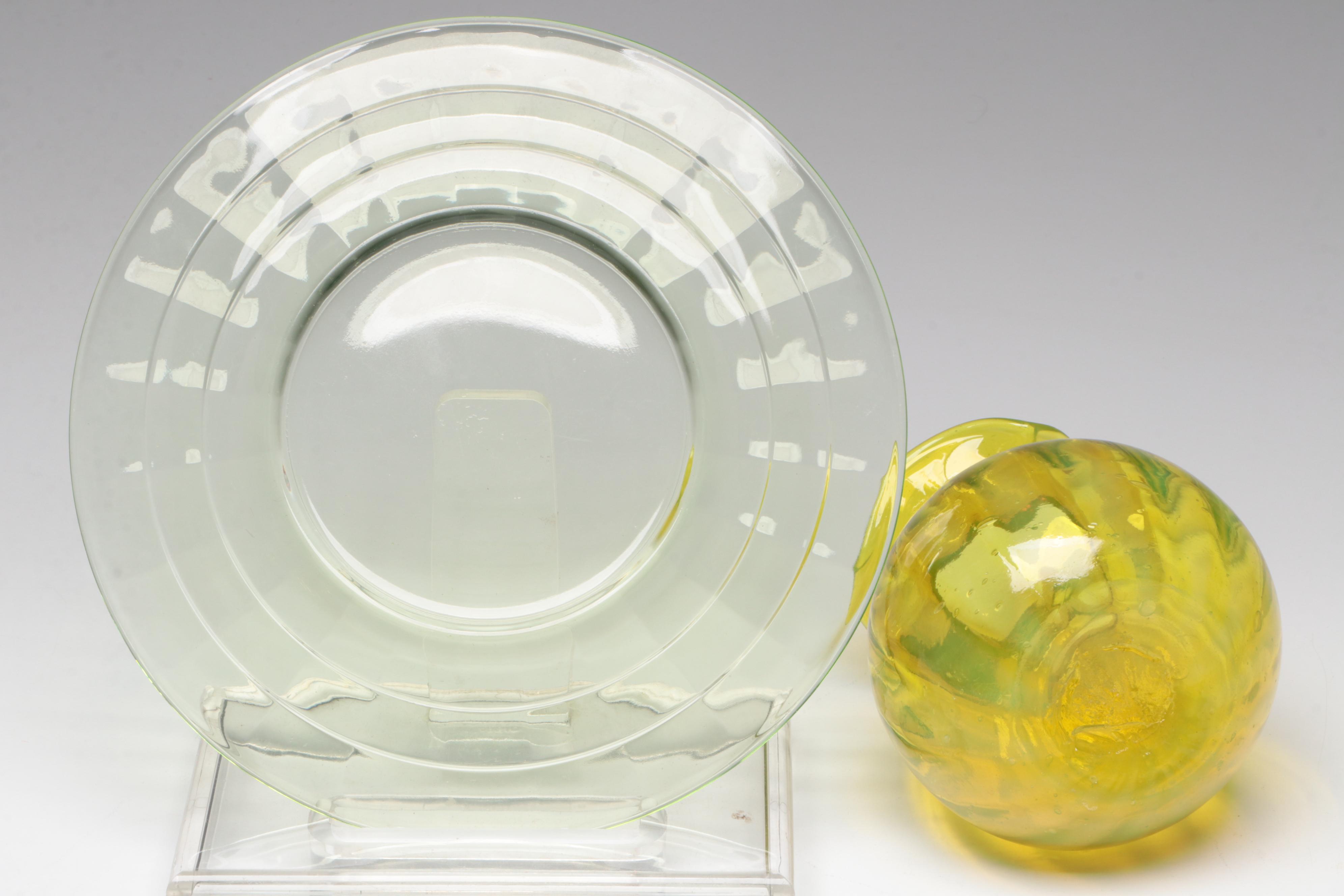 Uranium Glass Plates with Other Green Glass Ruffled Vase